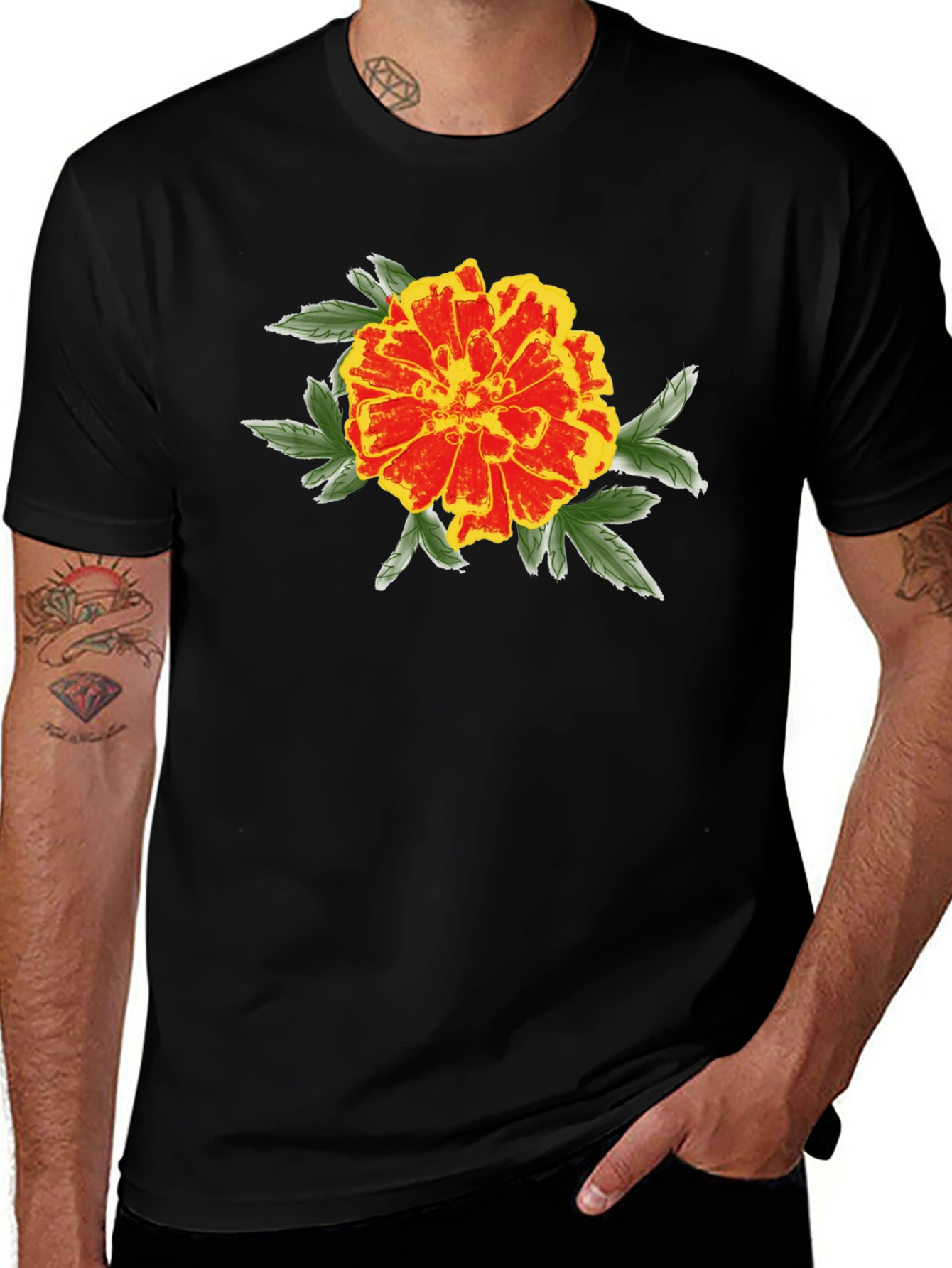 Black Marigold Graphic Black T-Shirt - Stylish Floral Design main image