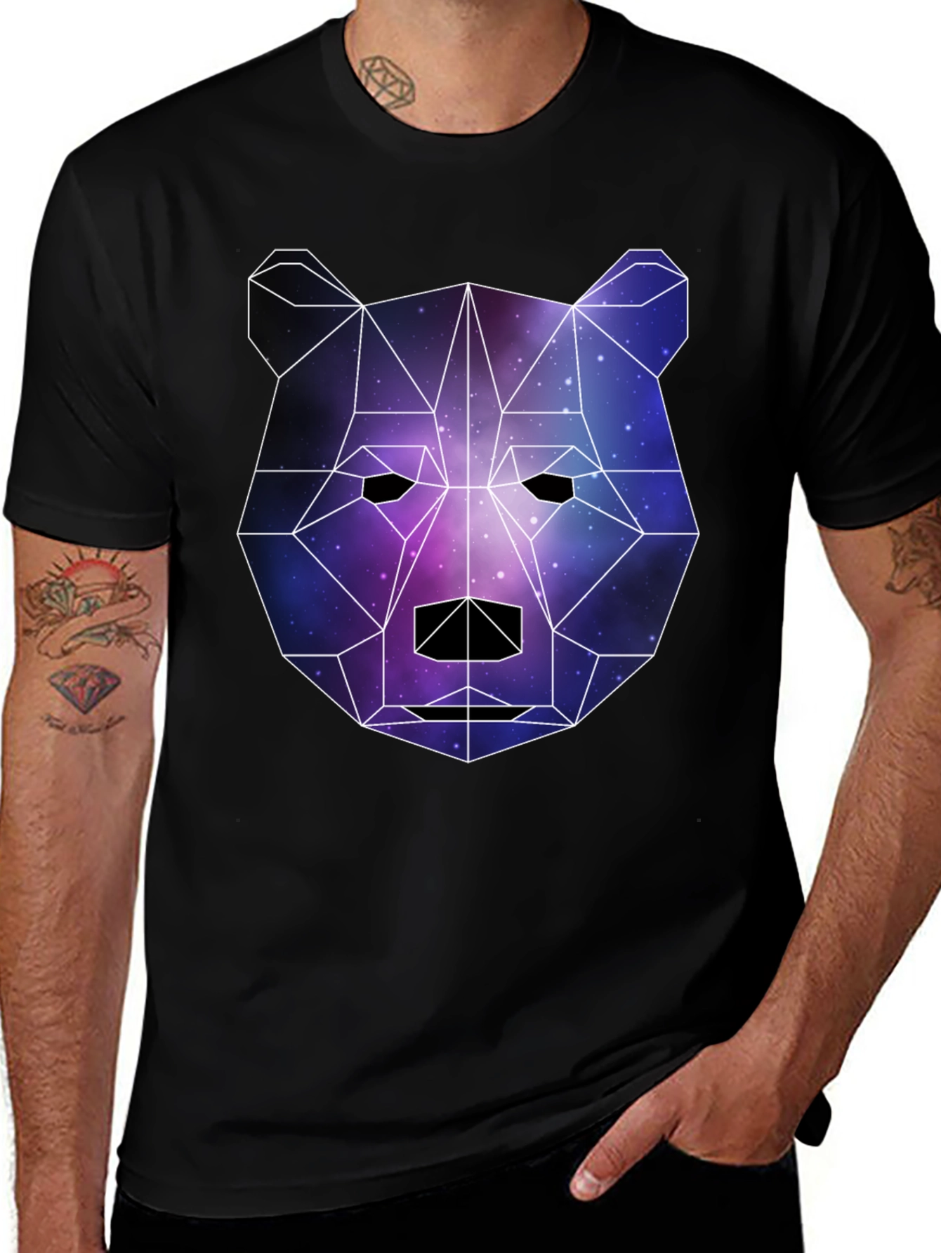Geometric Galaxy Bear Black T-Shirt