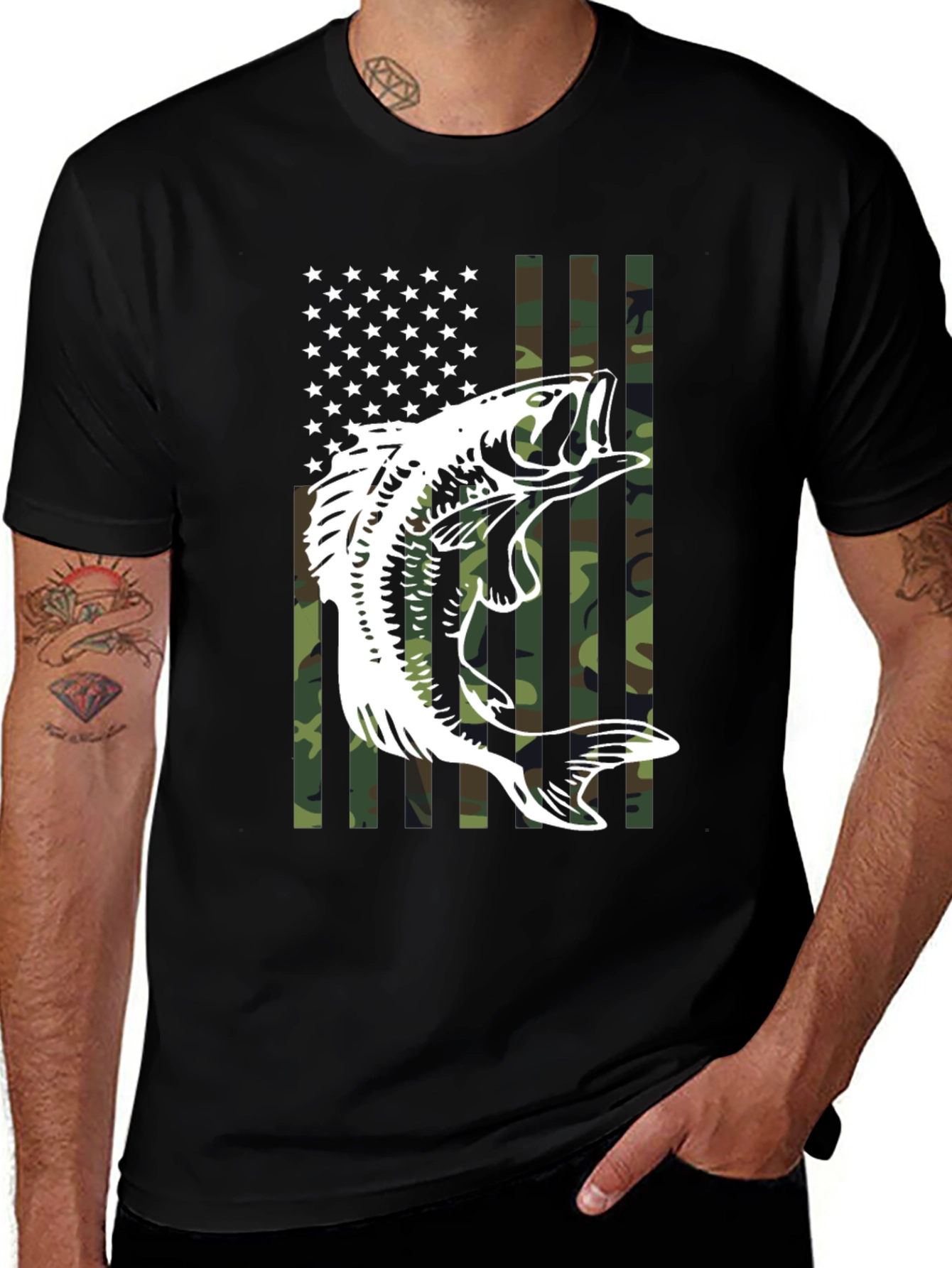 Bass Fish American Flag Camo Print T-Shirt