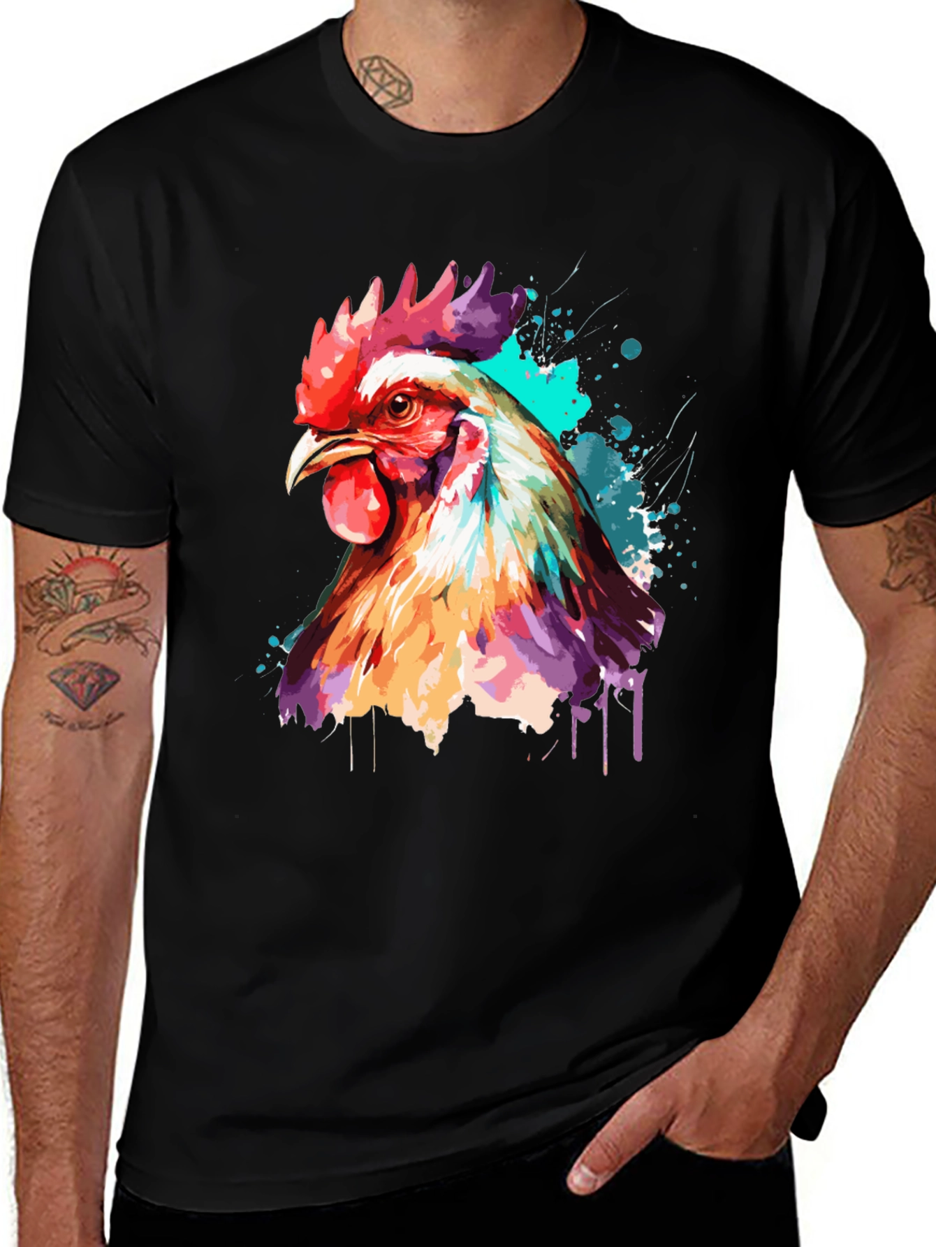 Variant 3 of Colorful Rooster Graphic Tee - Men's Black T-Shirt