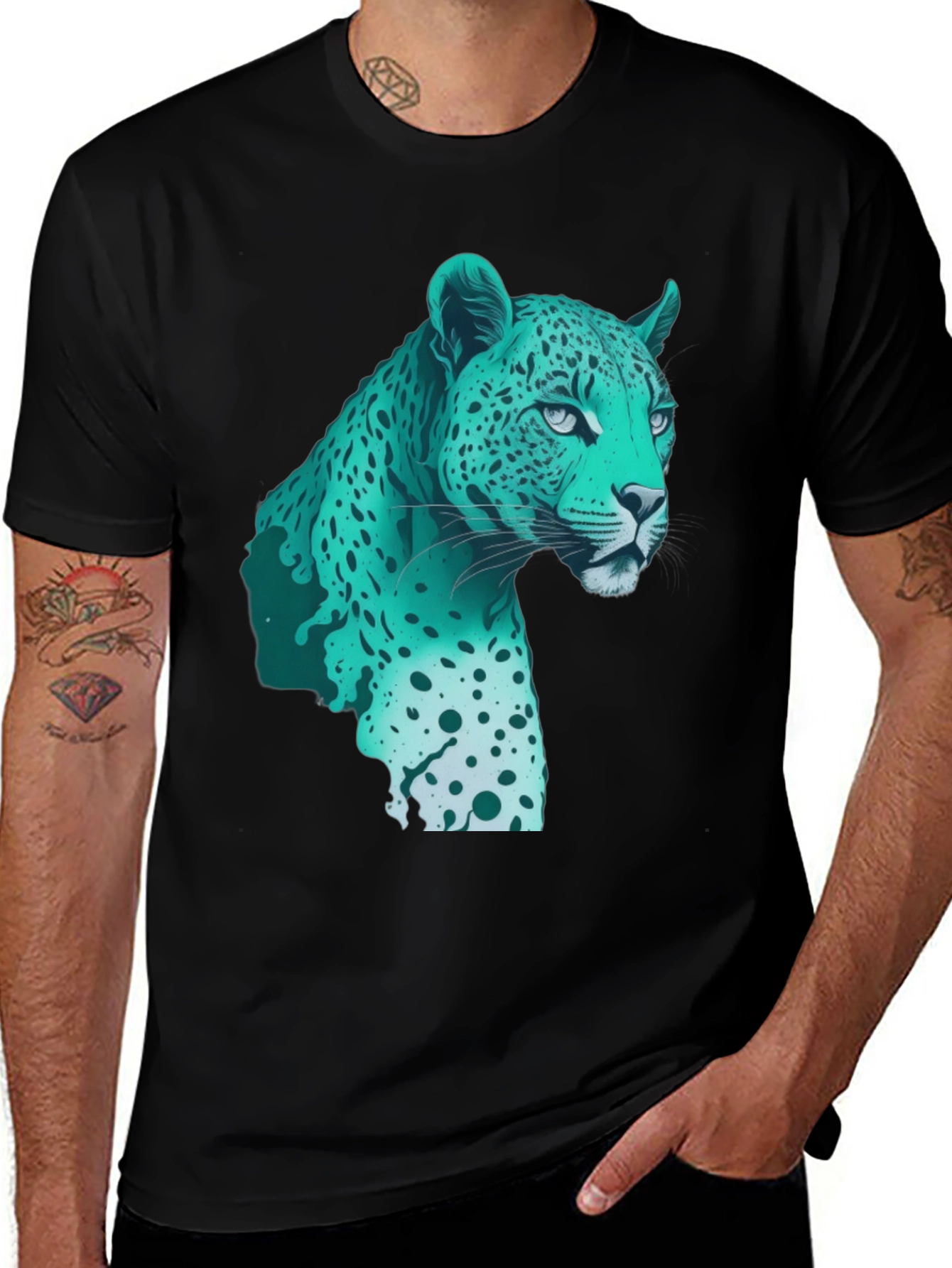 Variant 2 of Cool Teal Jaguar Graphic Print Black T-Shirt
