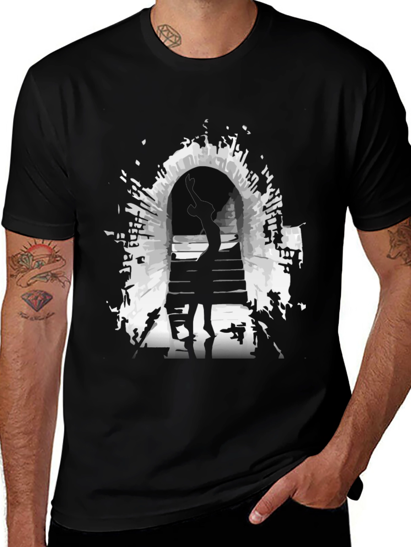 Variant 14 of Mysterious Portal Graphic Tee - Black Cotton Shirt