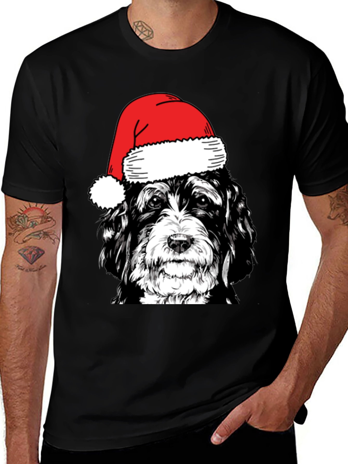 Variant 2 of Dog with Santa Hat Black T-Shirt