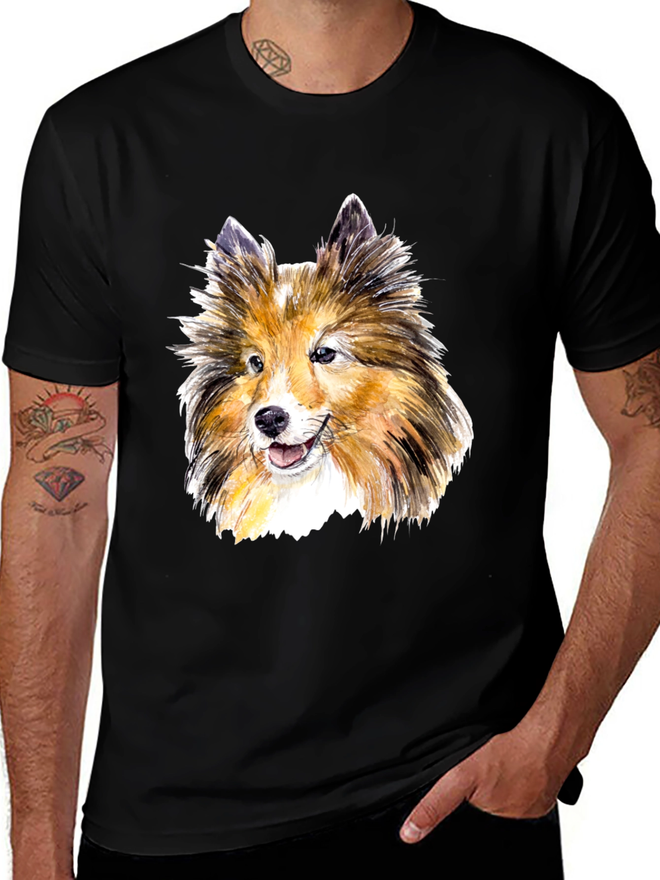 Sheltie Dog Watercolor Art Print Black T-Shirt