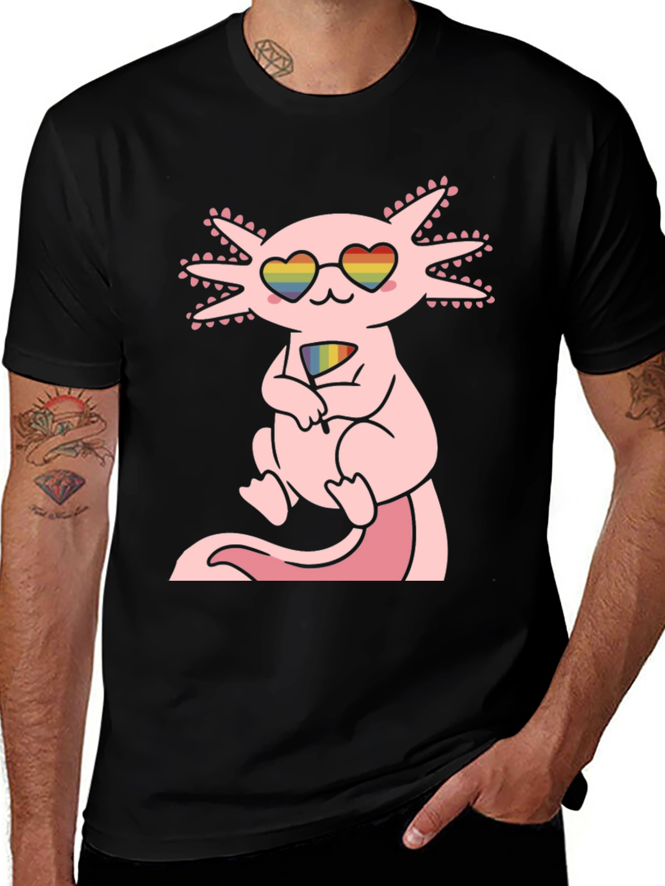 Axolotl Pride T-Shirt - Heart Glasses & Flag