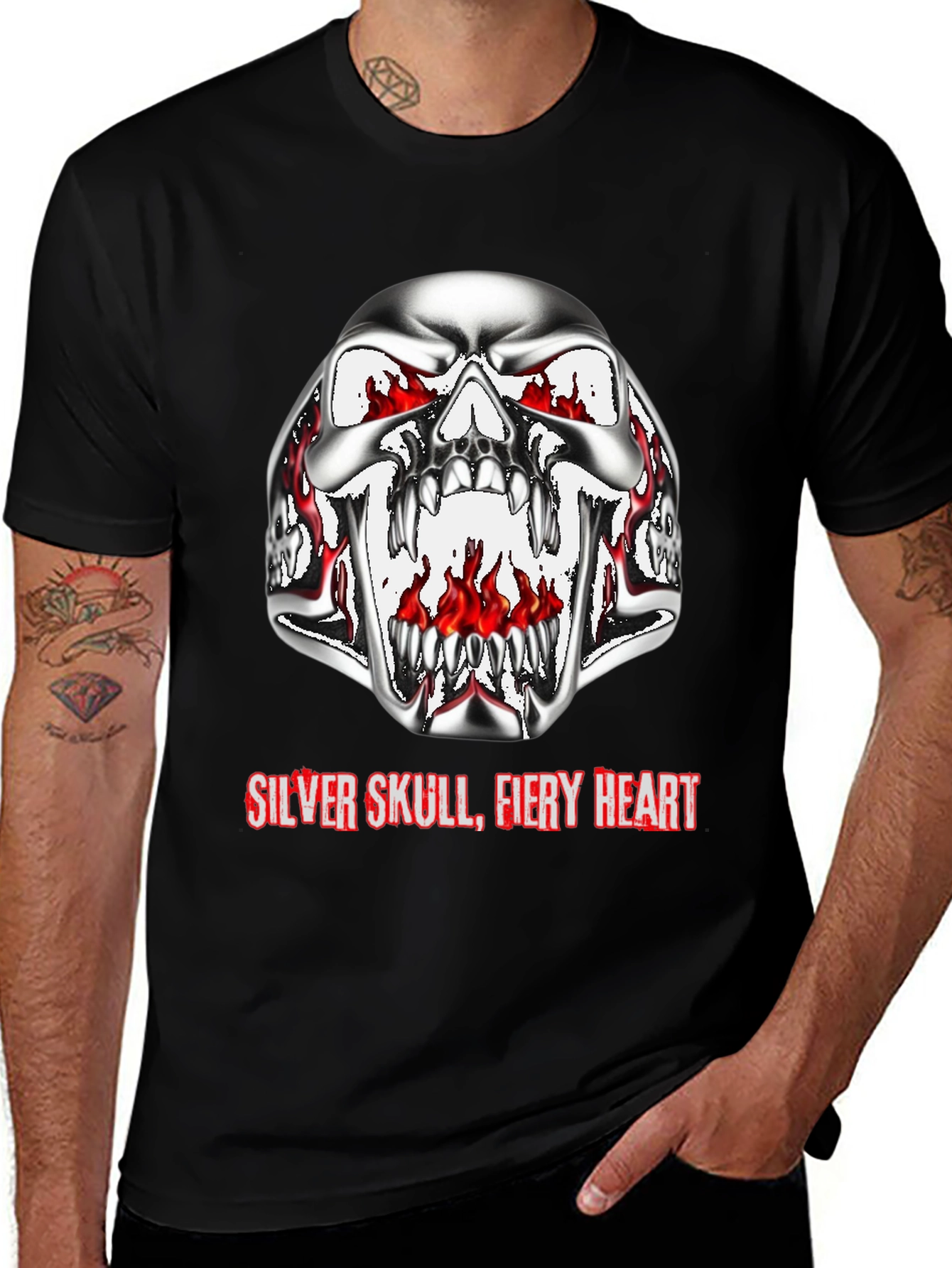Variant 2 of Silver Skull Fiery Heart Graphic Black T-Shirt