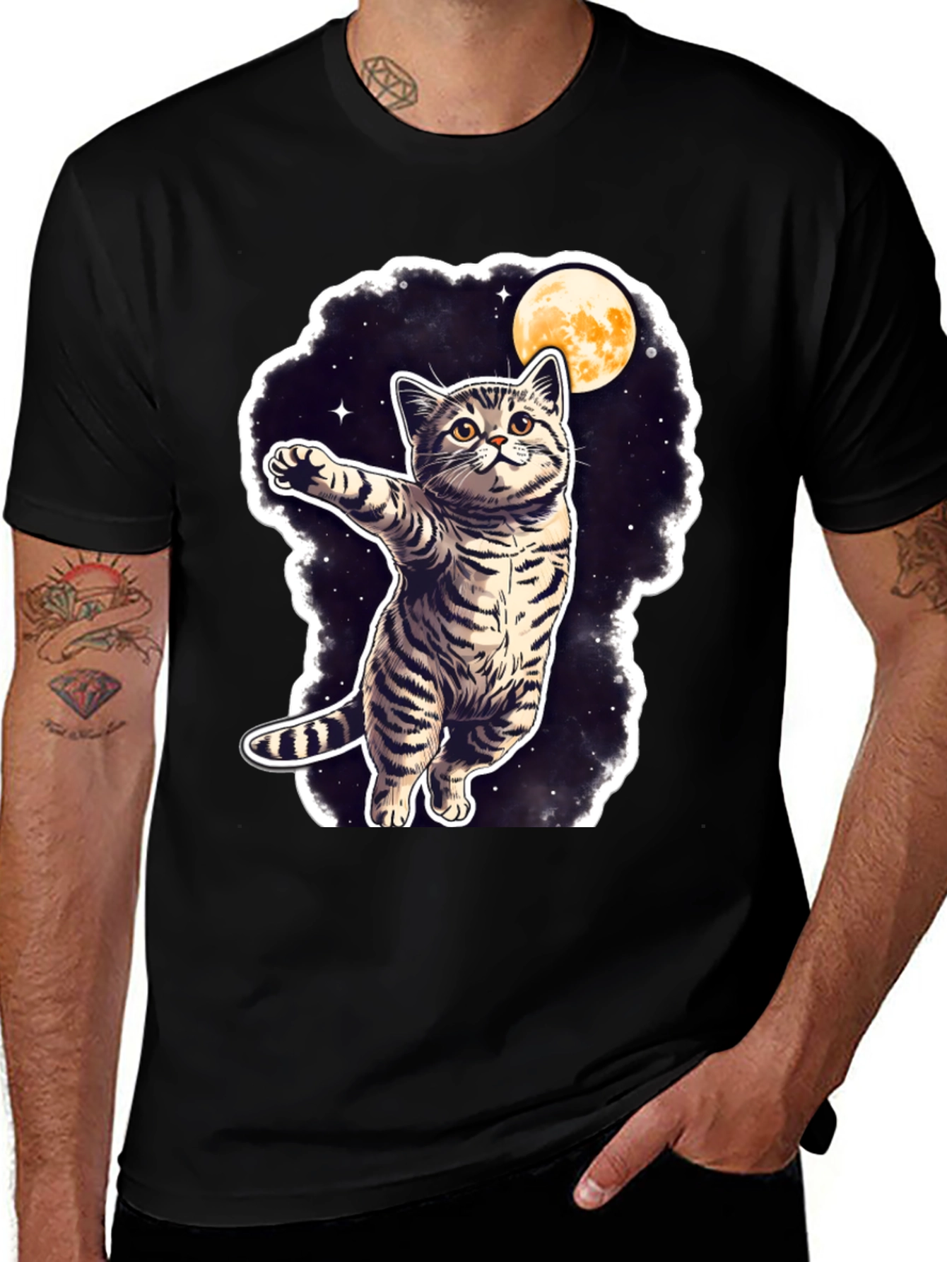 Variant 13 of Cosmic Cat T-Shirt - Moon & Stars Design