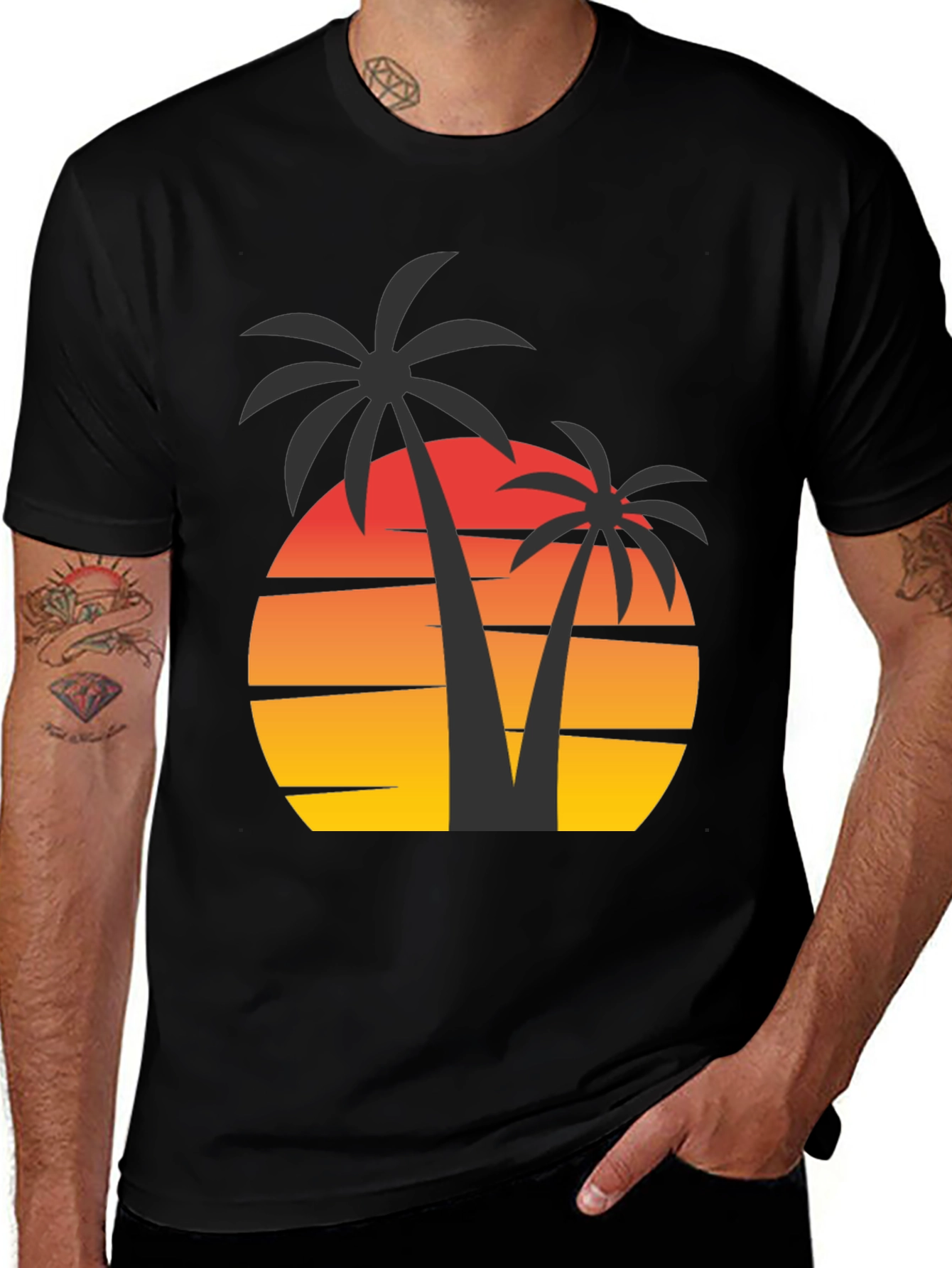 Sunset Palm Tree Graphic Tee - Black