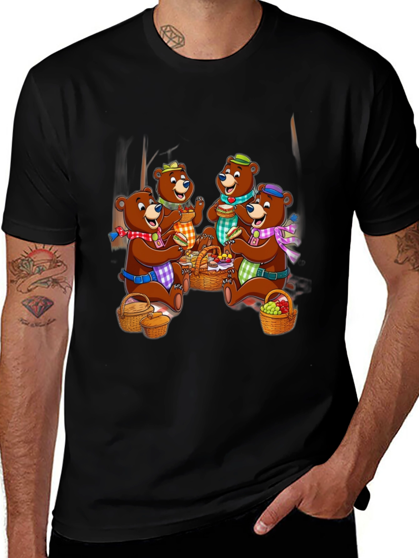 Variant 22 of Bear Family Picnic Black T-Shirt