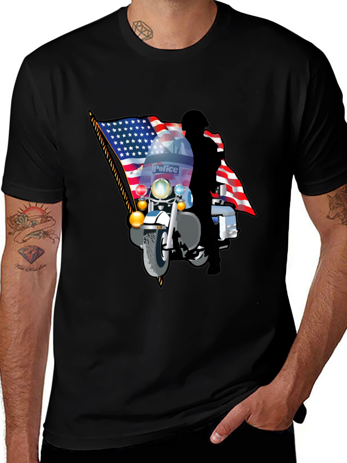 Police Motorcycle USA Flag Graphic T-Shirt