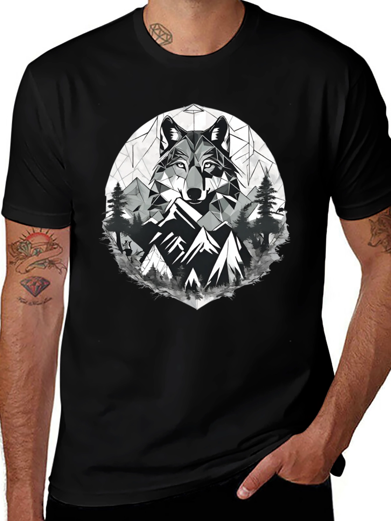 Variant 5 of Geometric Wolf & Mountain Graphic Tee - Black