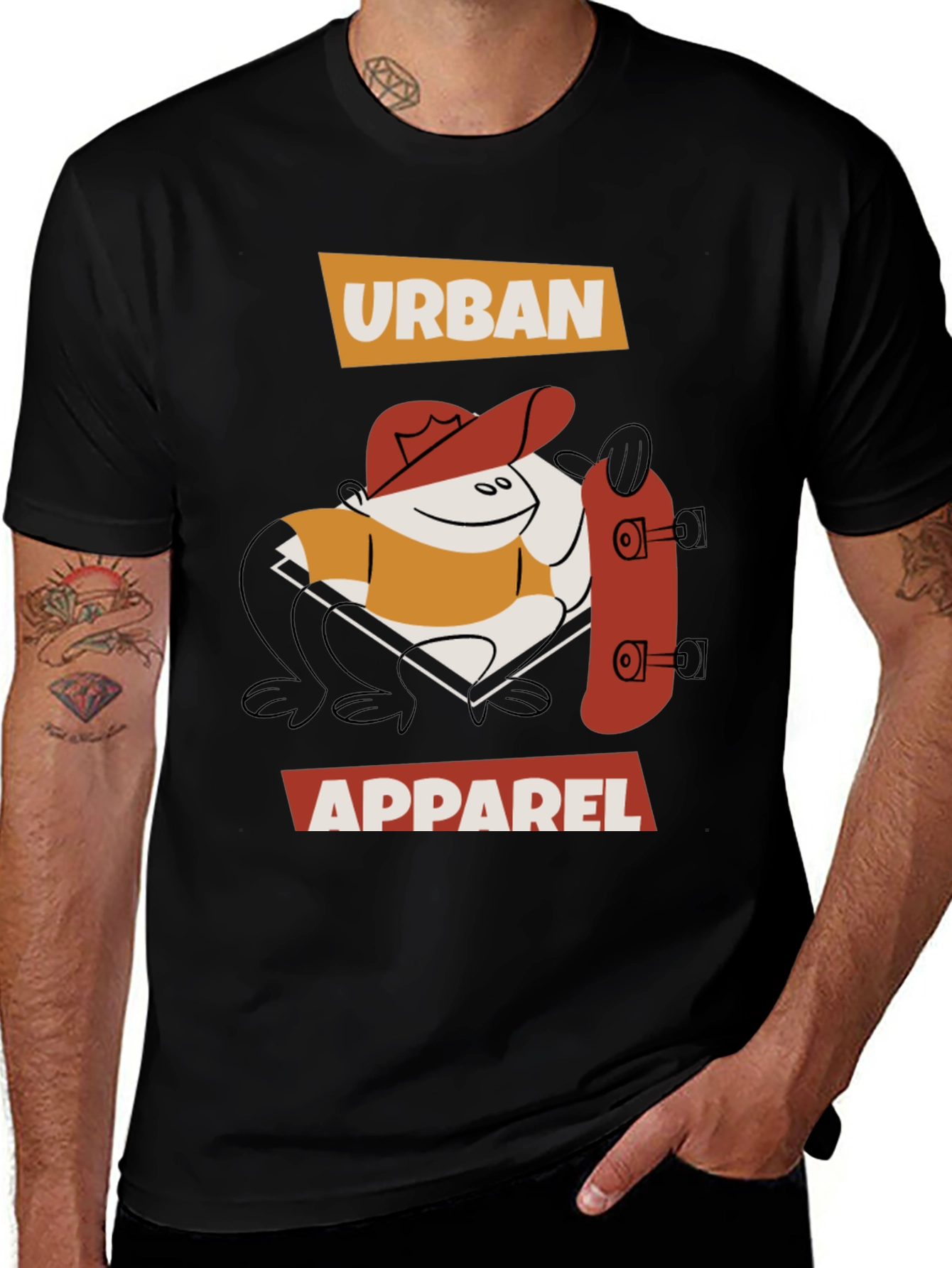 Urban Apparel Black T-Shirt with Cartoon Skater Design