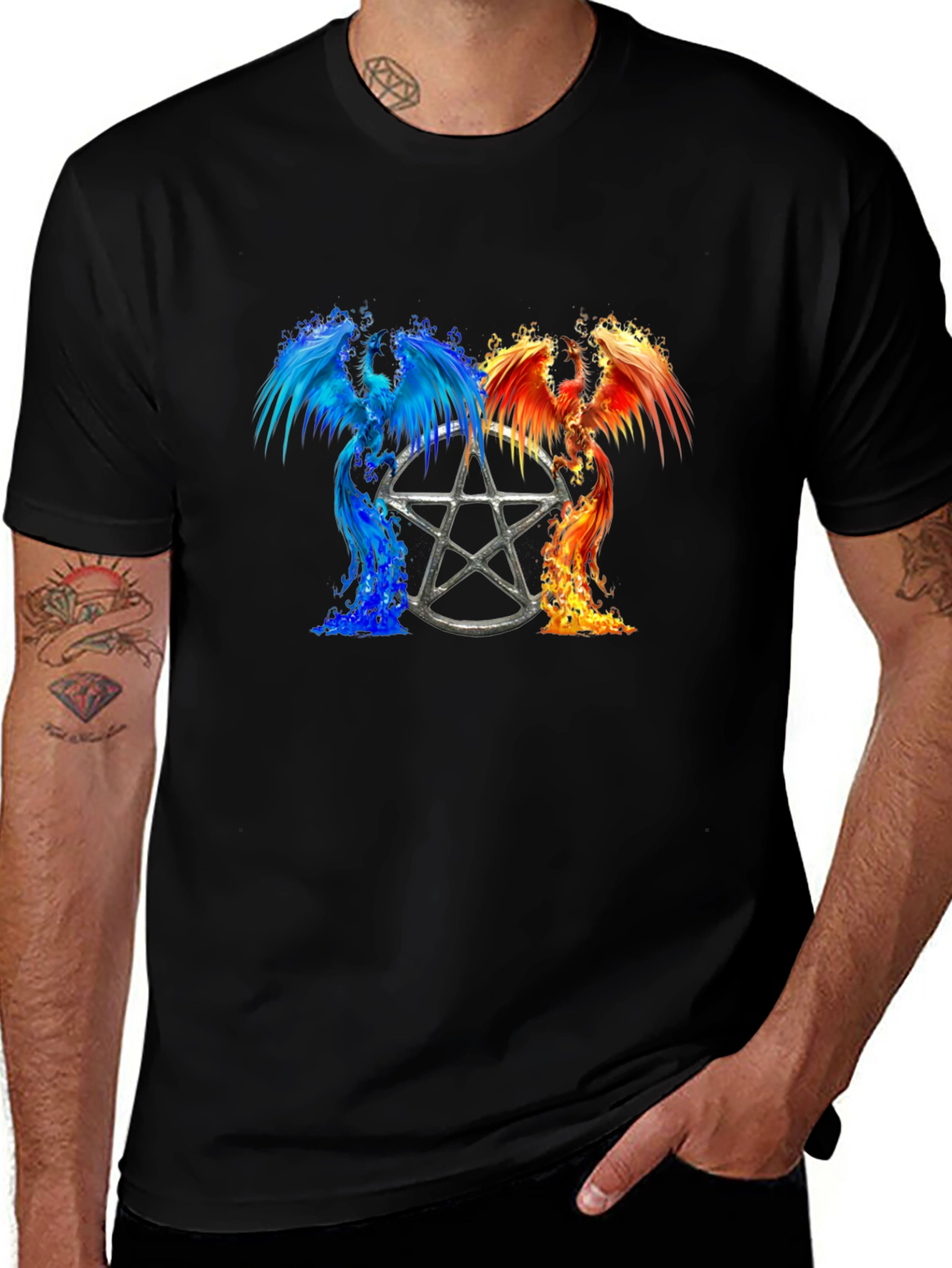 Variant 19 of Fiery Phoenix Pentagram Graphic Tee - Black