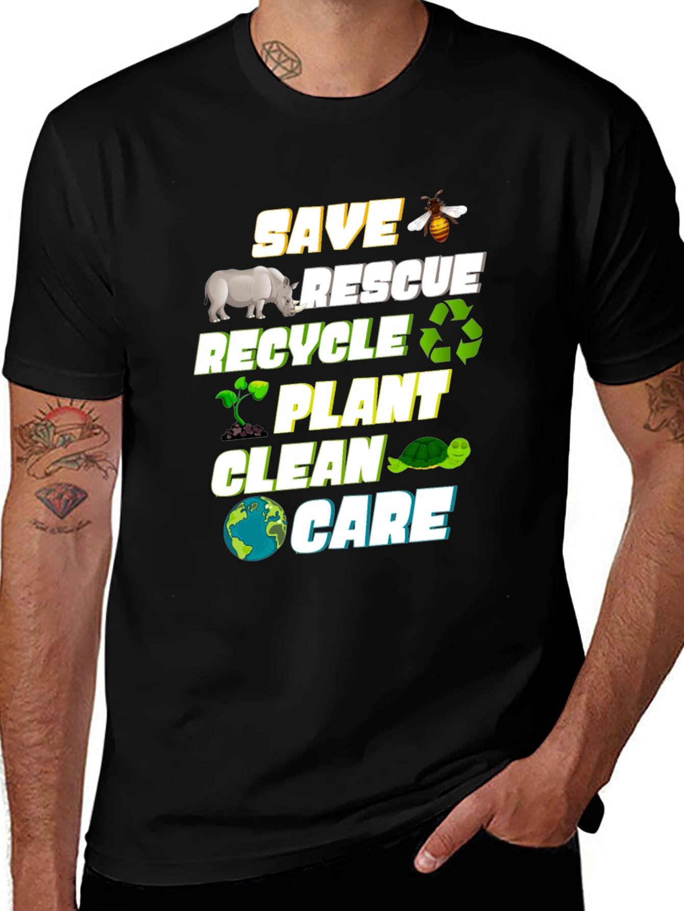 Variant 20 of Eco-Friendly Graphic Tee: Save Rescue Recycle Plant Clean Care
