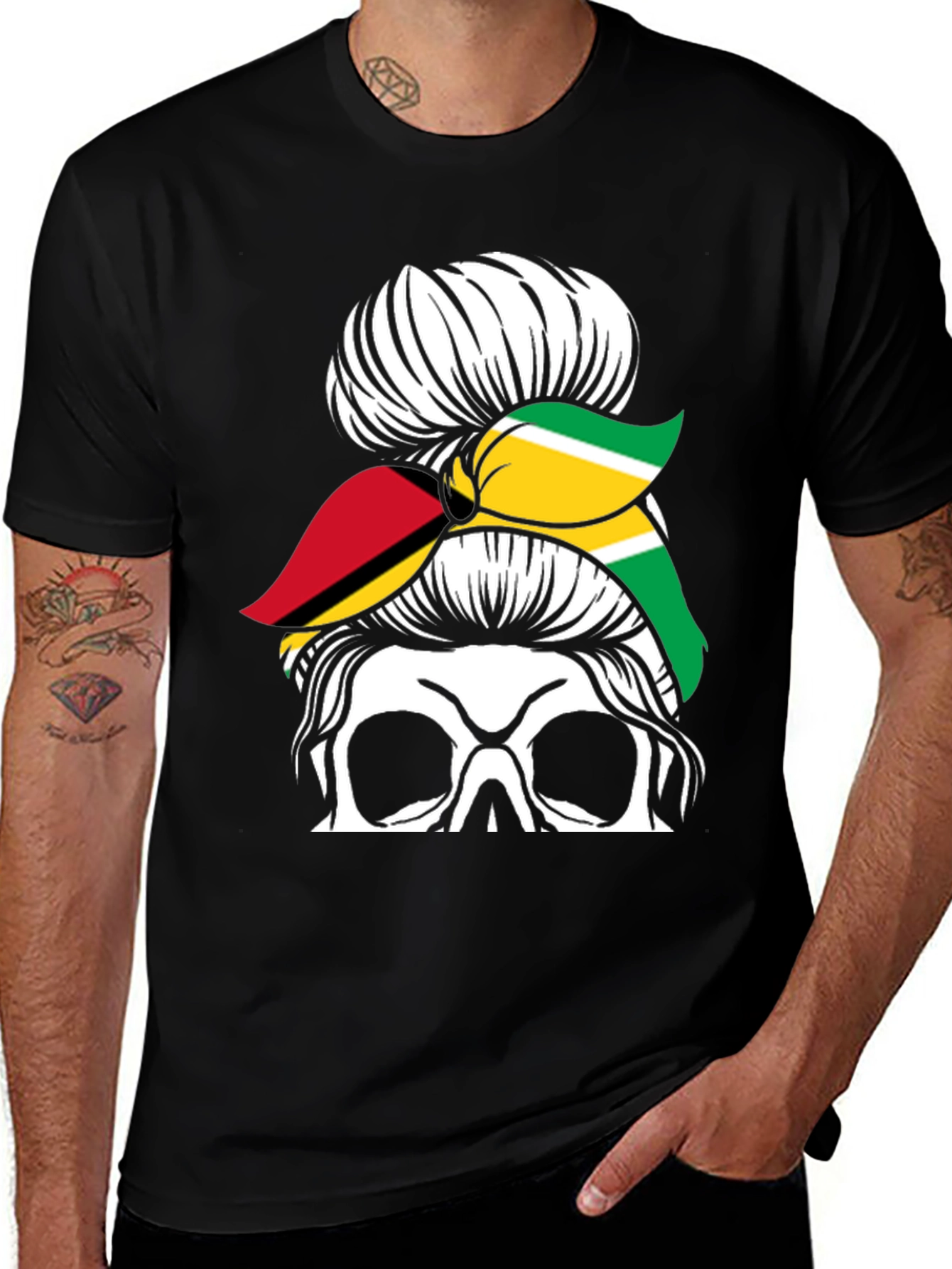 Variant 23 of Skull Messy Bun Guyana Flag T-Shirt