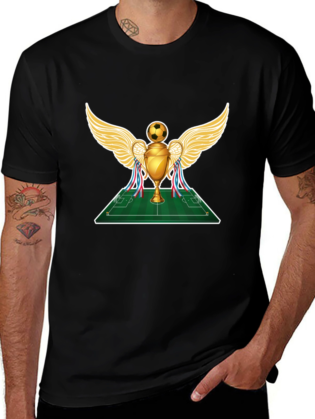 Soccer Trophy Wings Graphic Tee - Black Cotton T-Shirt