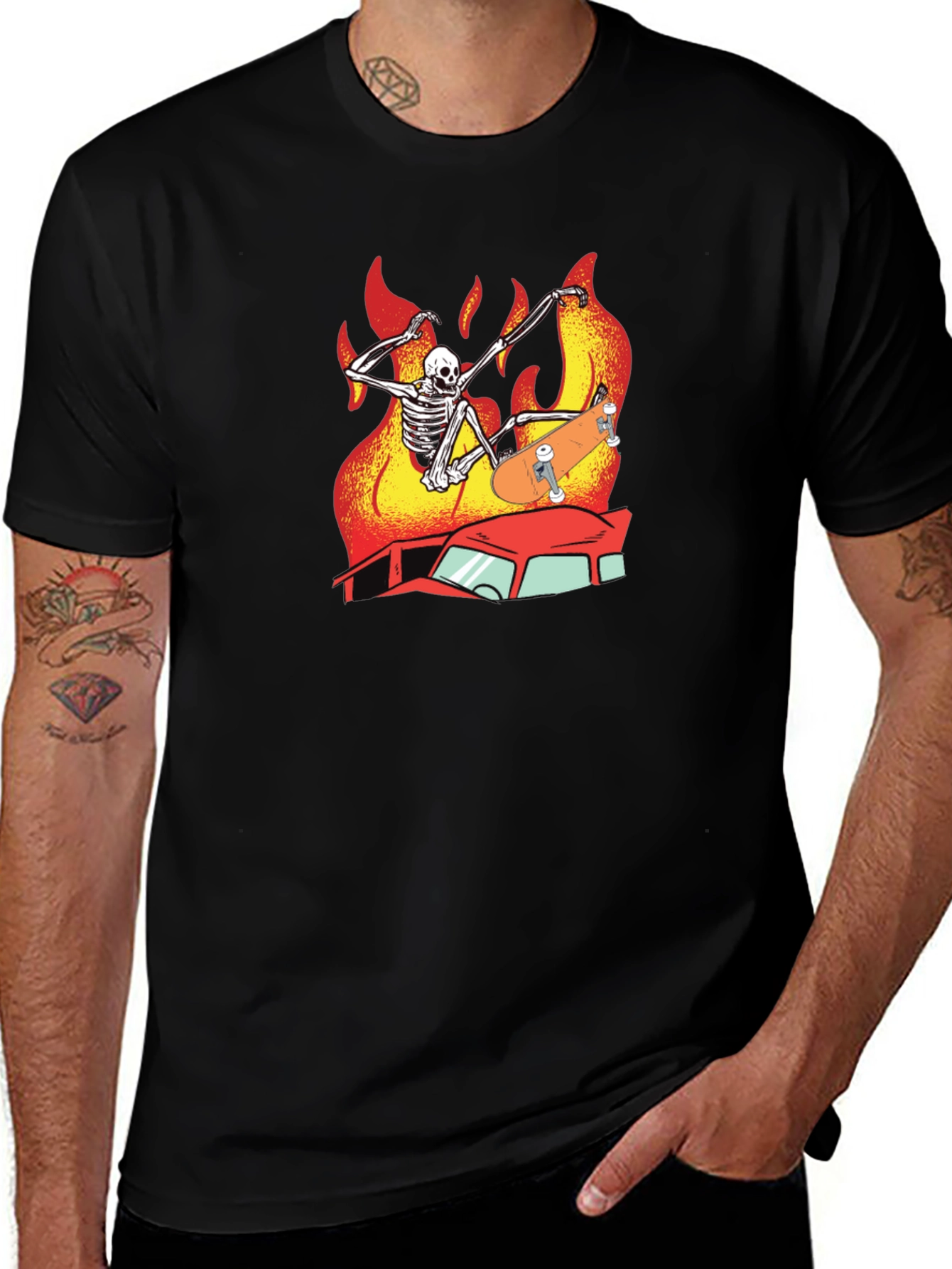 Skeleton Skateboard T-Shirt Burning Car Graphic Tee