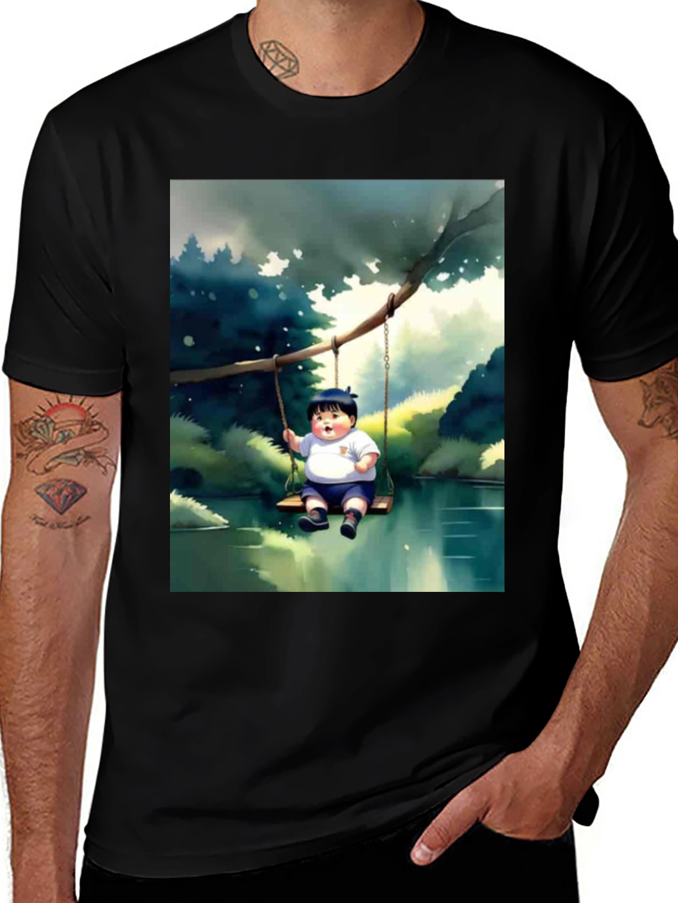 Cartoon Boy on Swing Graphic Tee - Black