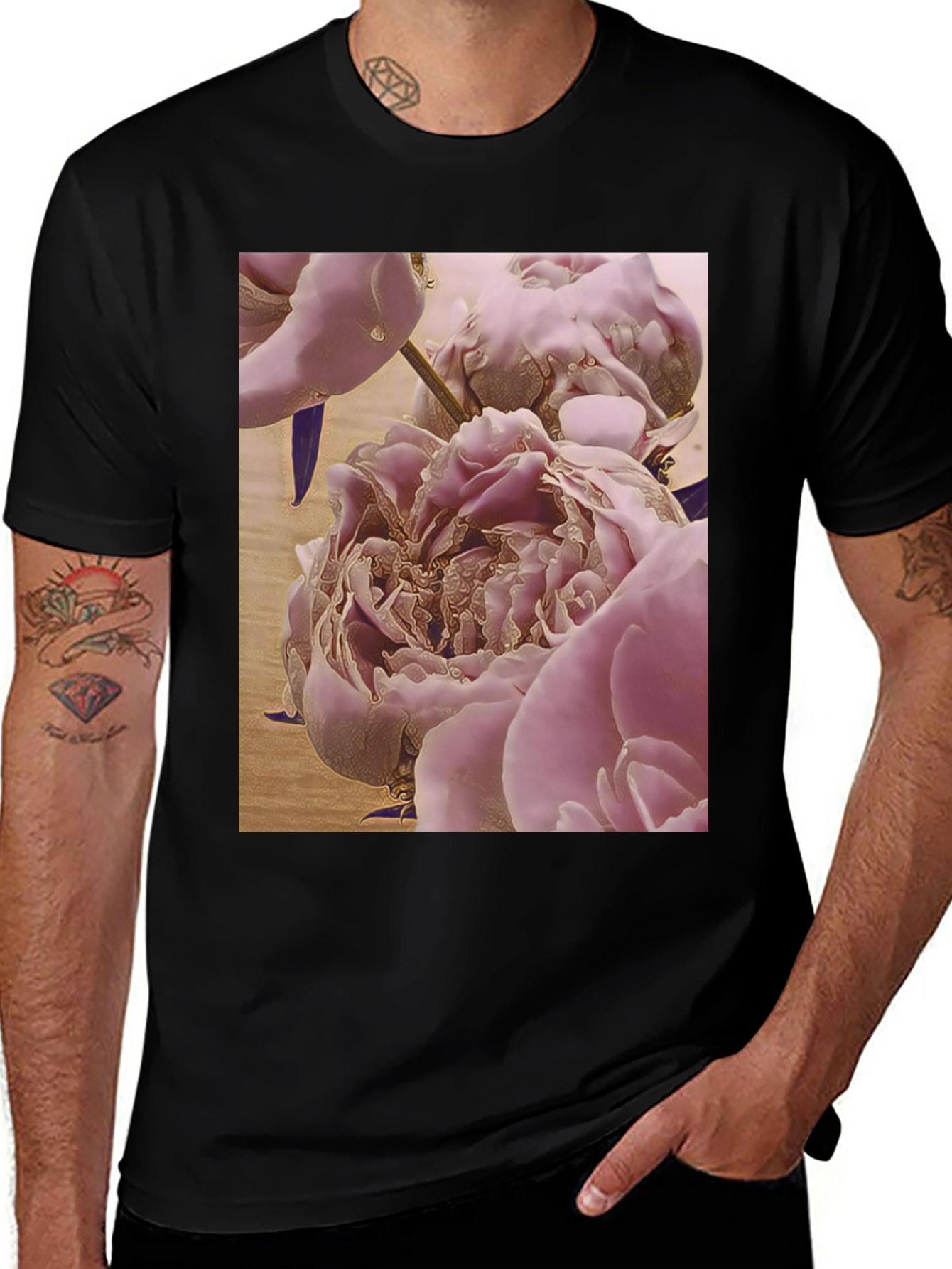 Variant 19 of Floral Peony Print Black T-Shirt