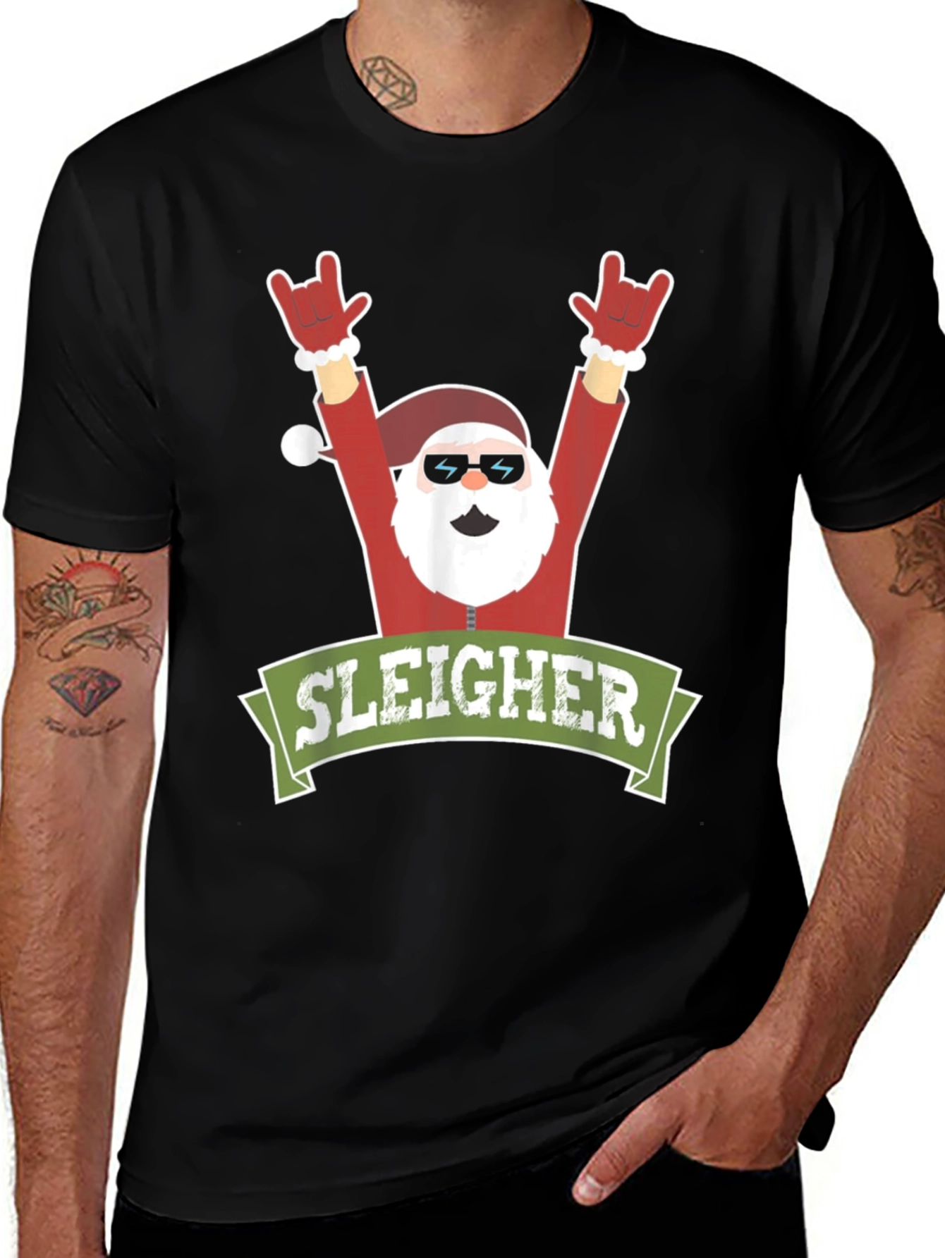 Sleigher Rock Santa Christmas Graphic Tee