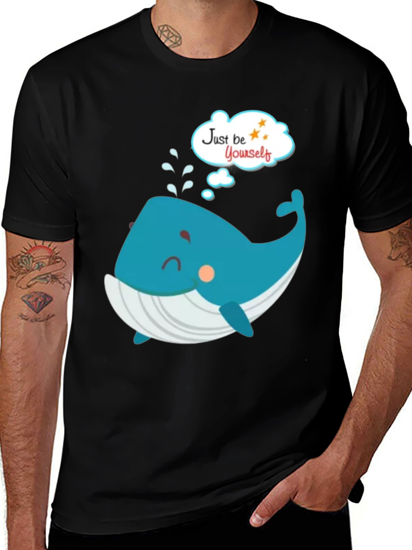 Variant 28 of Cartoon Whale 'Just Be Yourself' Black Graphic T-Shirt