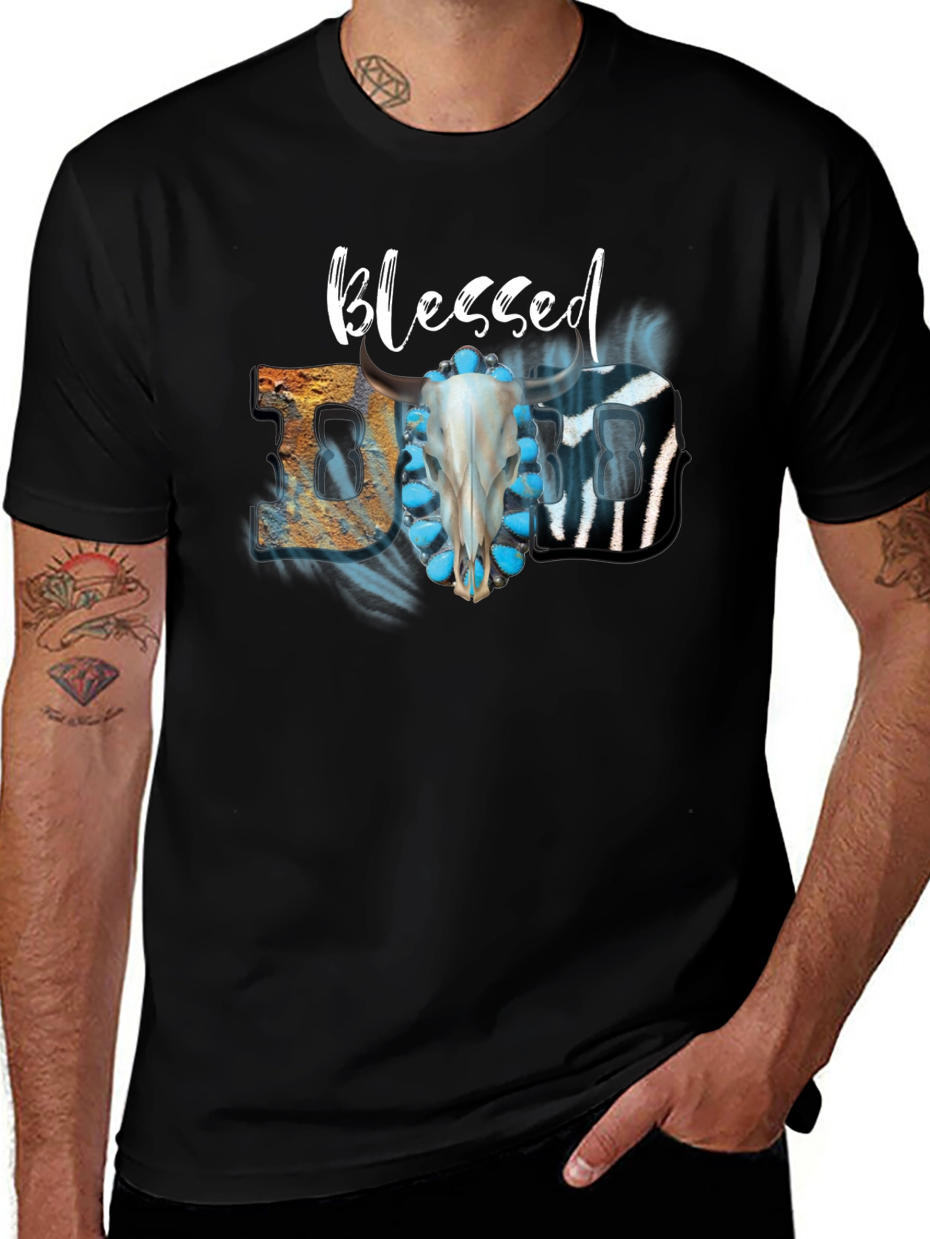 Variant 21 of Blessed Graphic Tee - Turquoise & Skull Design