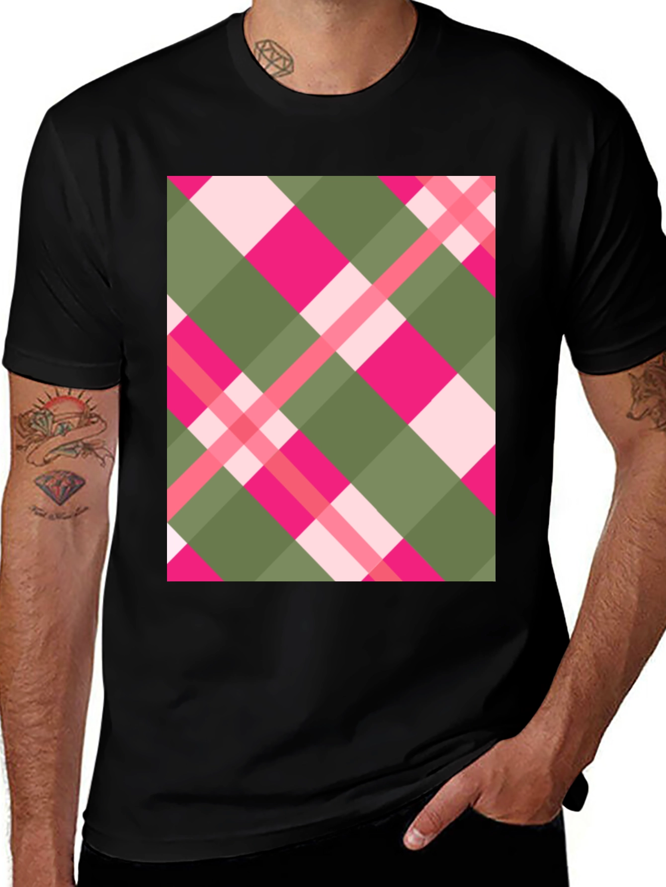 Variant 5 of Men's Black Tee with Plaid Pattern