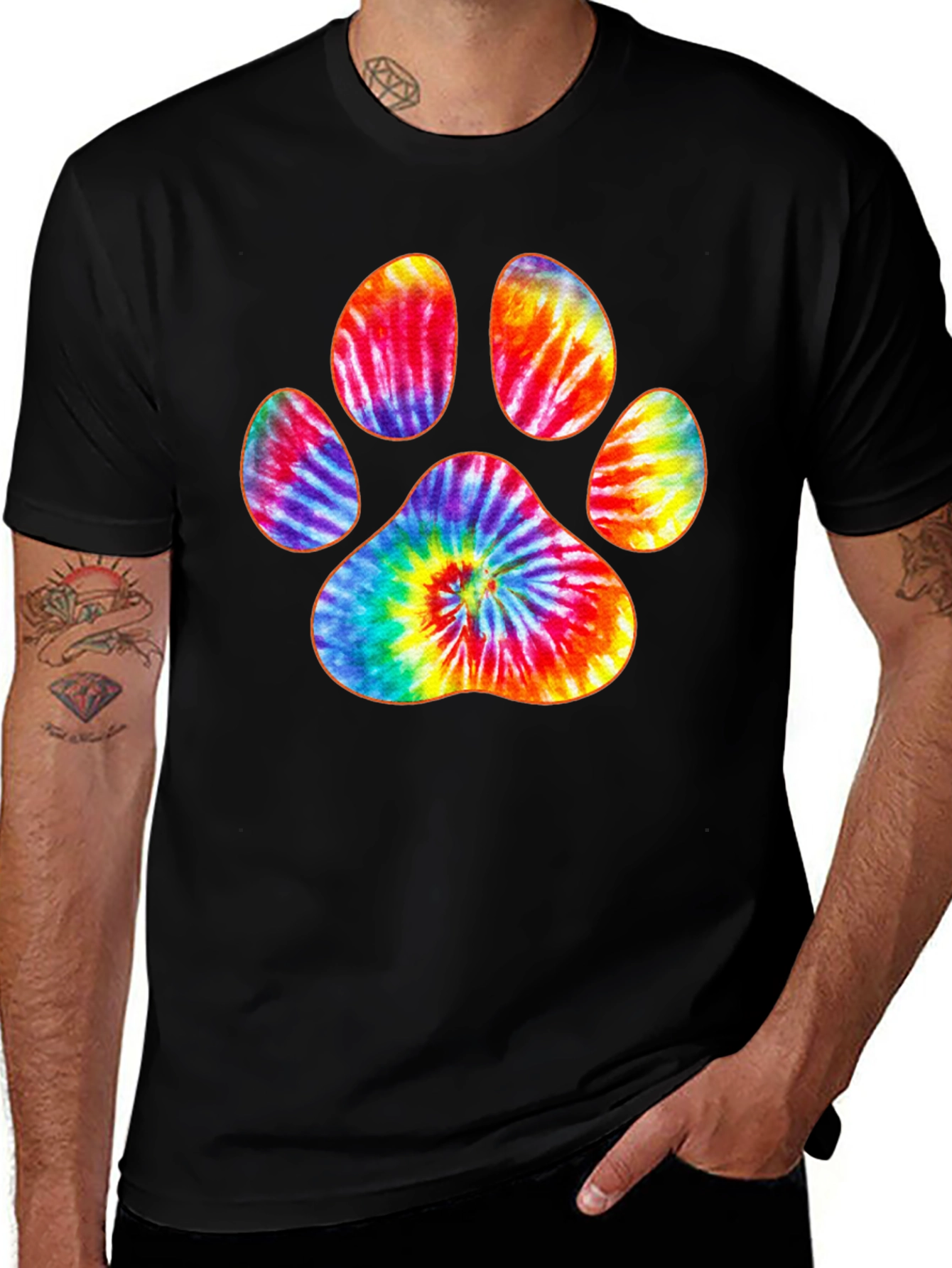Tie-Dye Paw Print Graphic T-Shirt - Black