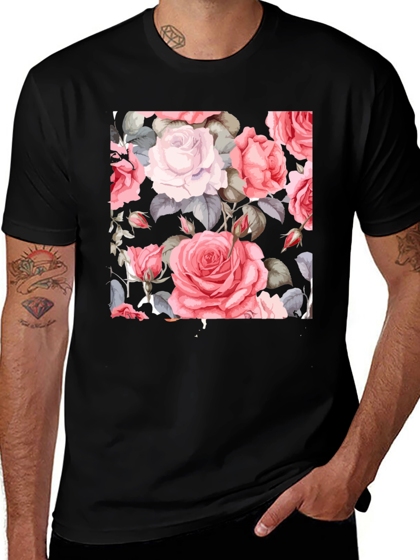 Variant 17 of Floral Rose Print Black T-Shirt