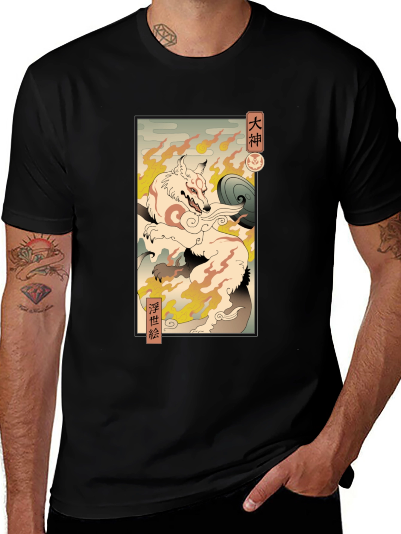 Japanese Fox Graphic Black T-Shirt