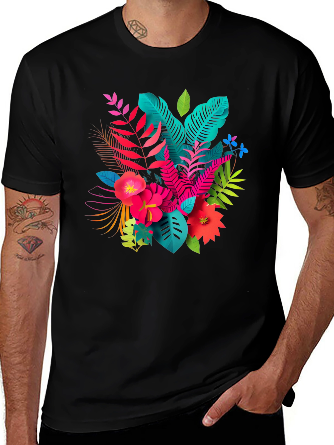 Variant 20 of Tropical Floral Print Black T-Shirt