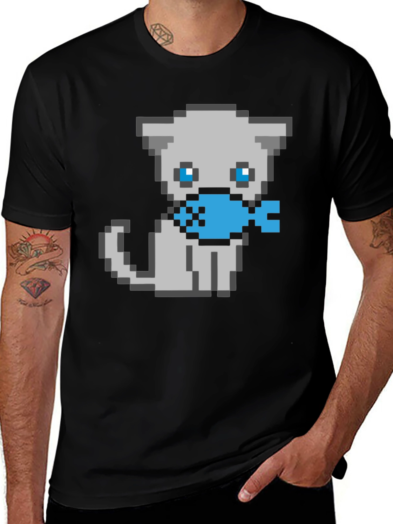 Variant 16 of Pixel Cat & Fish T-Shirt - Retro Gaming Style!
