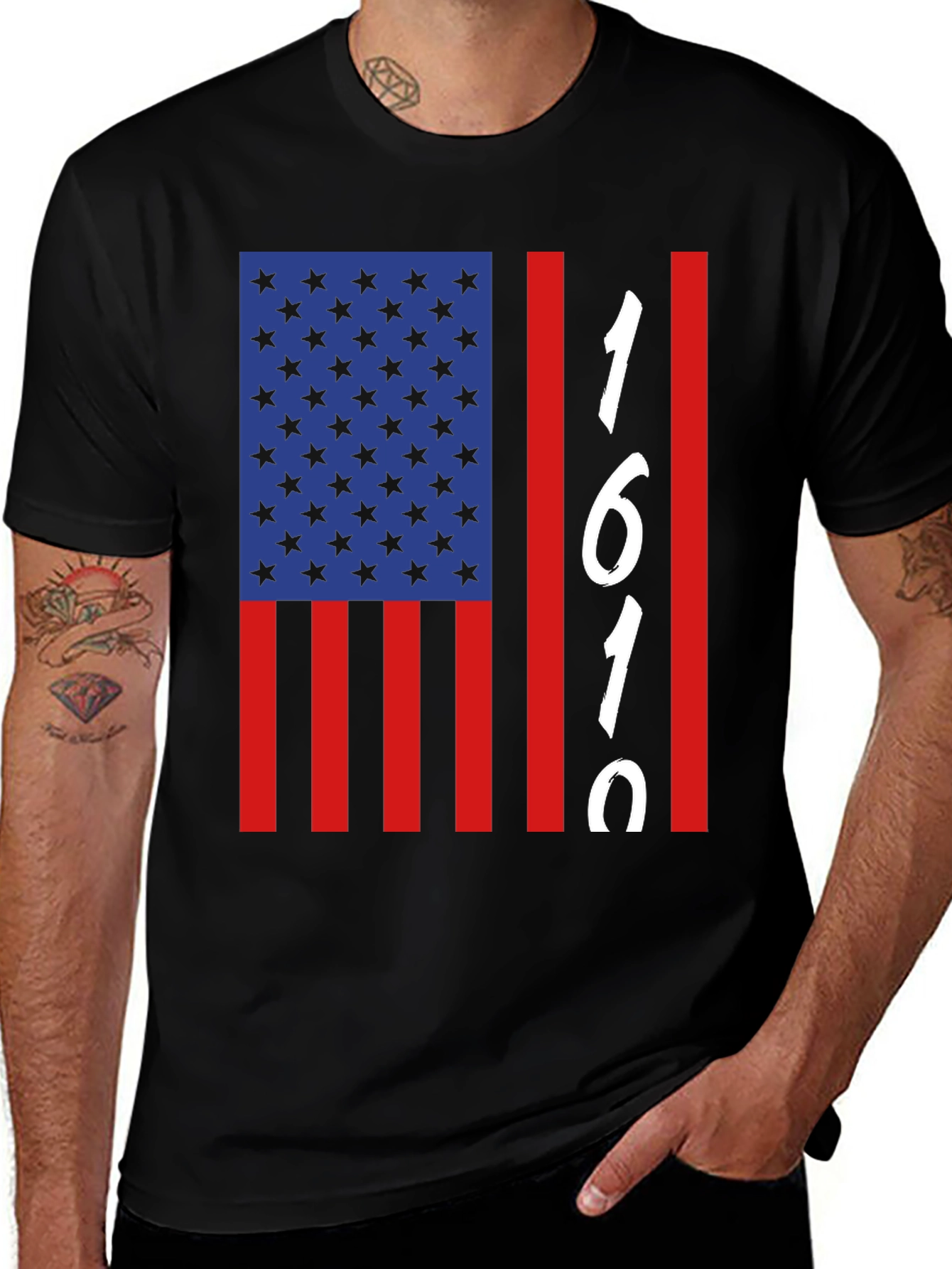 Variant 6 of 1619 USA Flag Graphic Tee - Black Cotton Blend