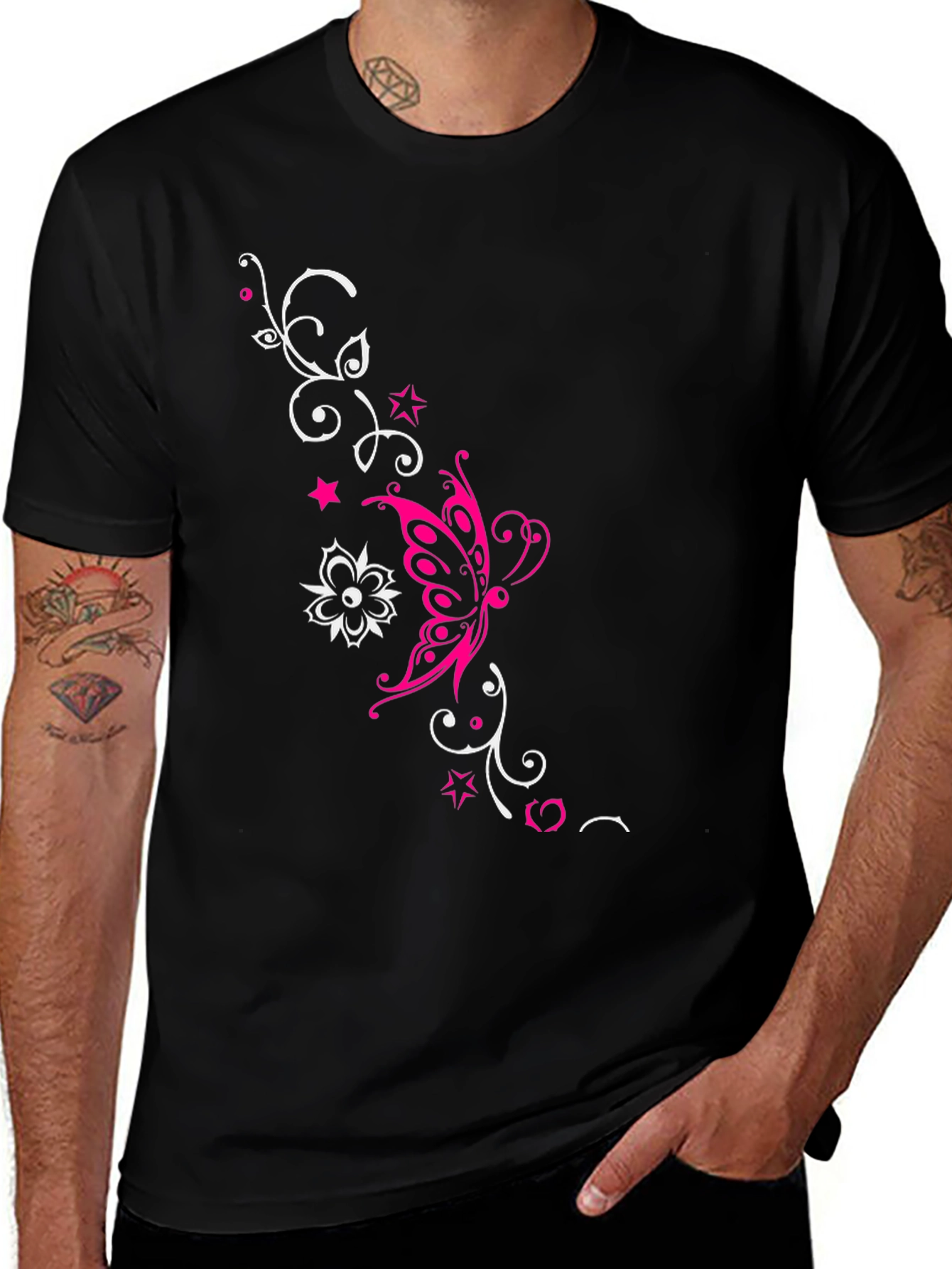 Variant 12 of Stylish Black Tee with Butterfly Floral Design