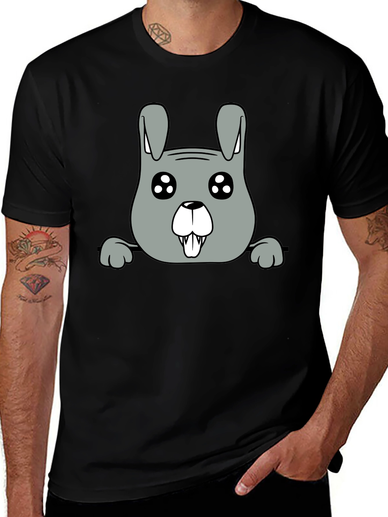 Variant 13 of Cute Cartoon Bunny Graphic Tee - Black Cotton T-Shirt