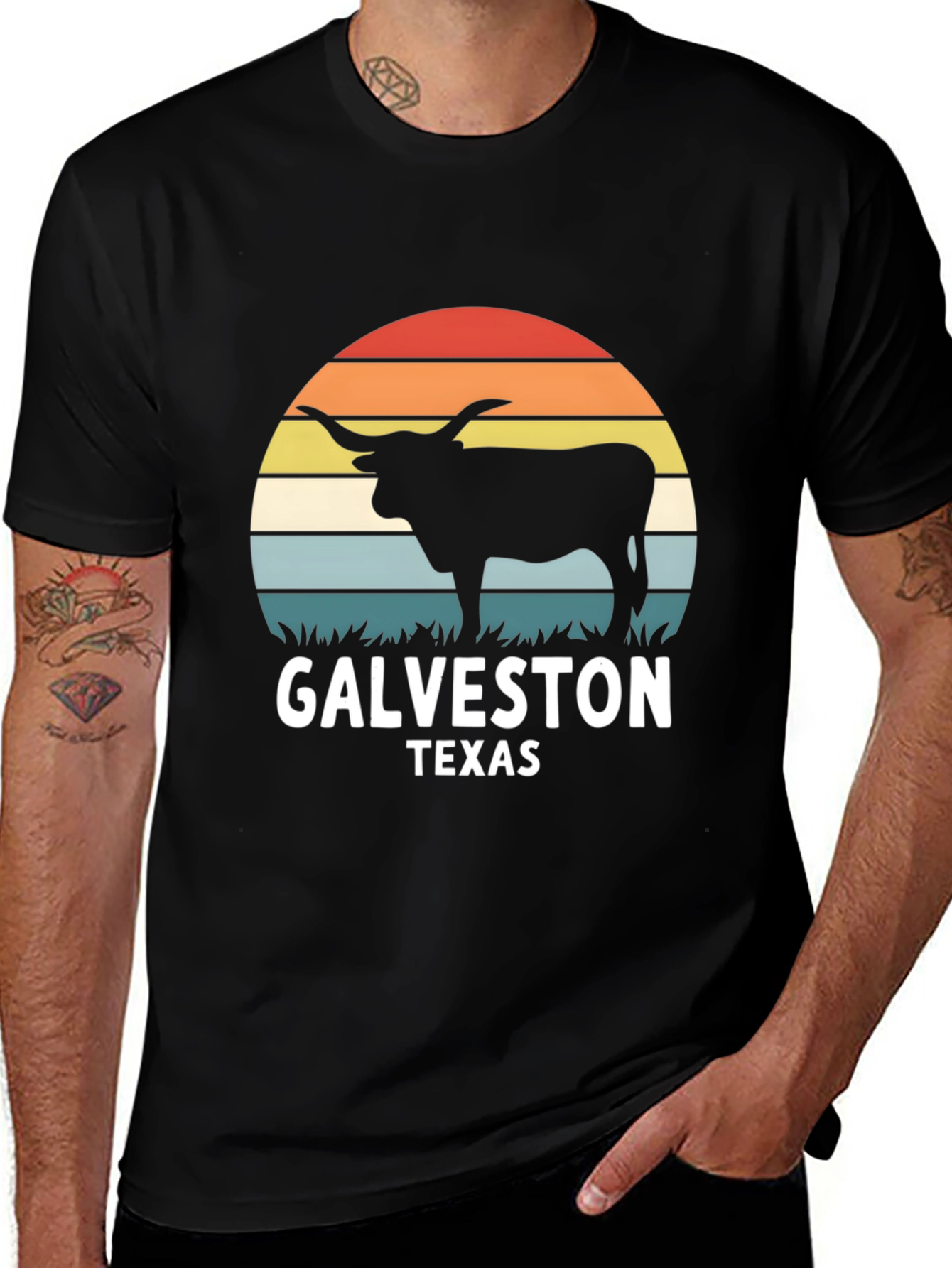 Galveston Texas Bull T-Shirt - Retro Sunset Design