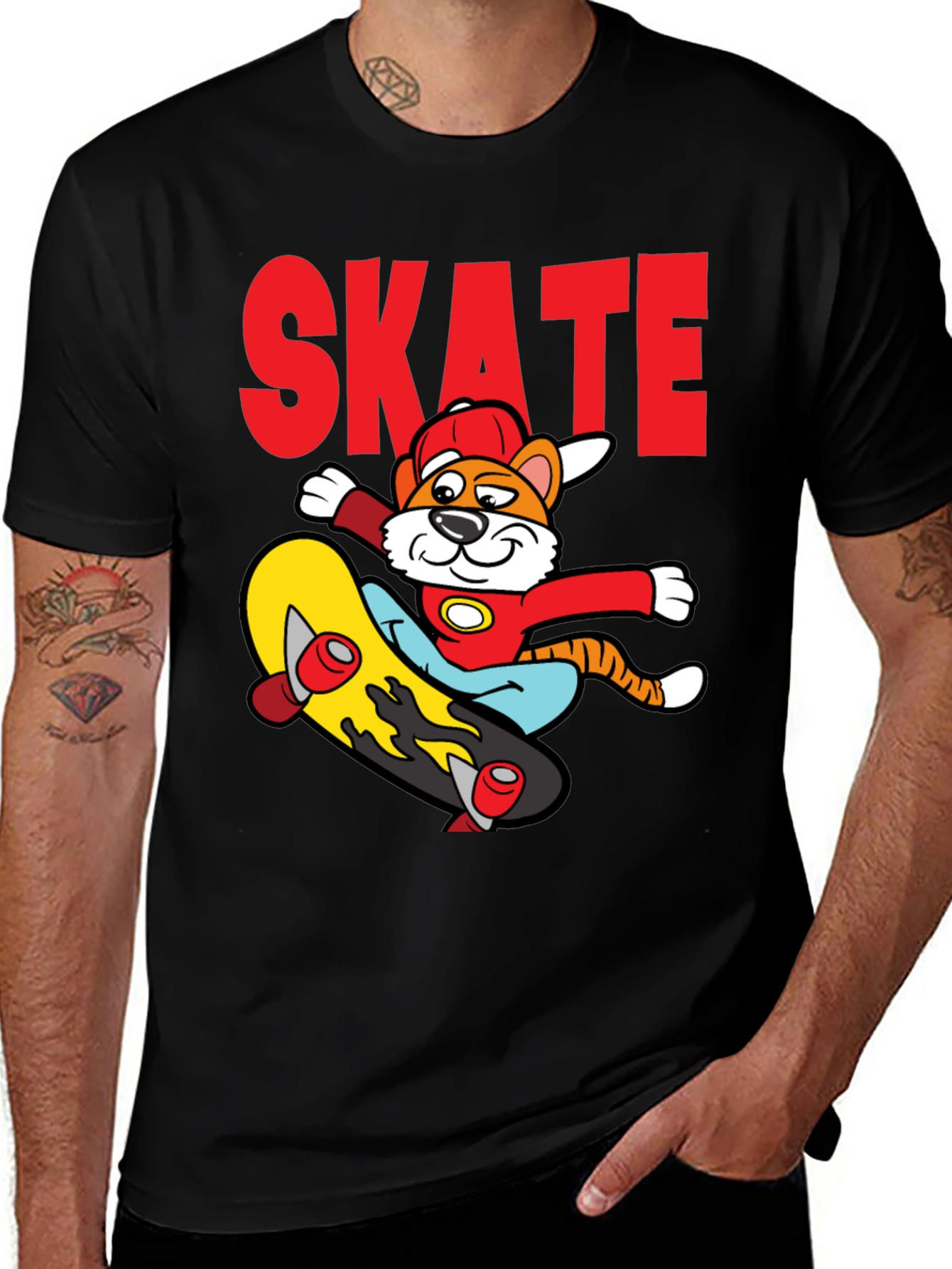 Black Skateboarding Cartoon Tiger Graphic Tee main image