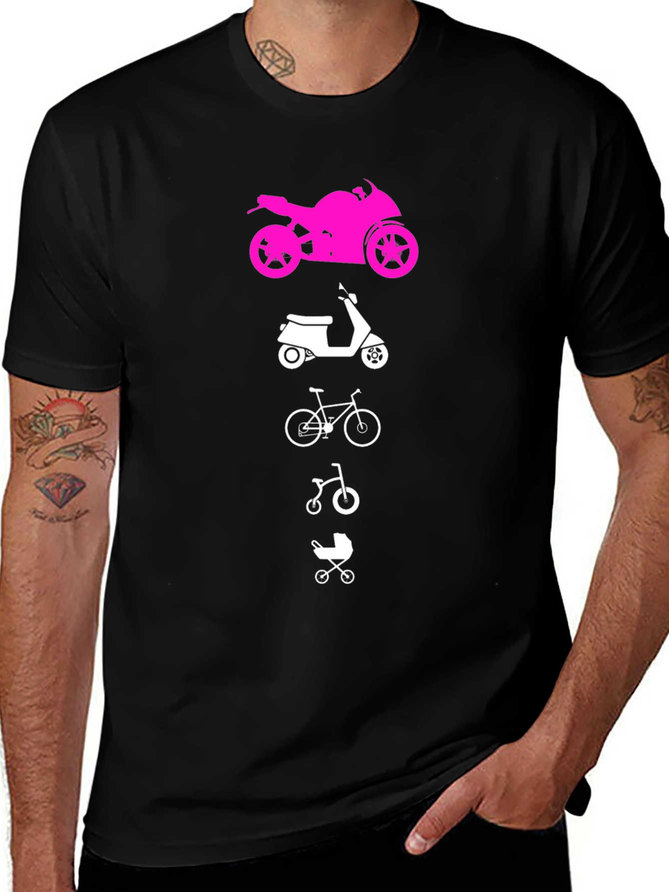 Variant 26 of Evolution of Man Tee: Motorcycle, Scooter, Bike, Baby Carriage