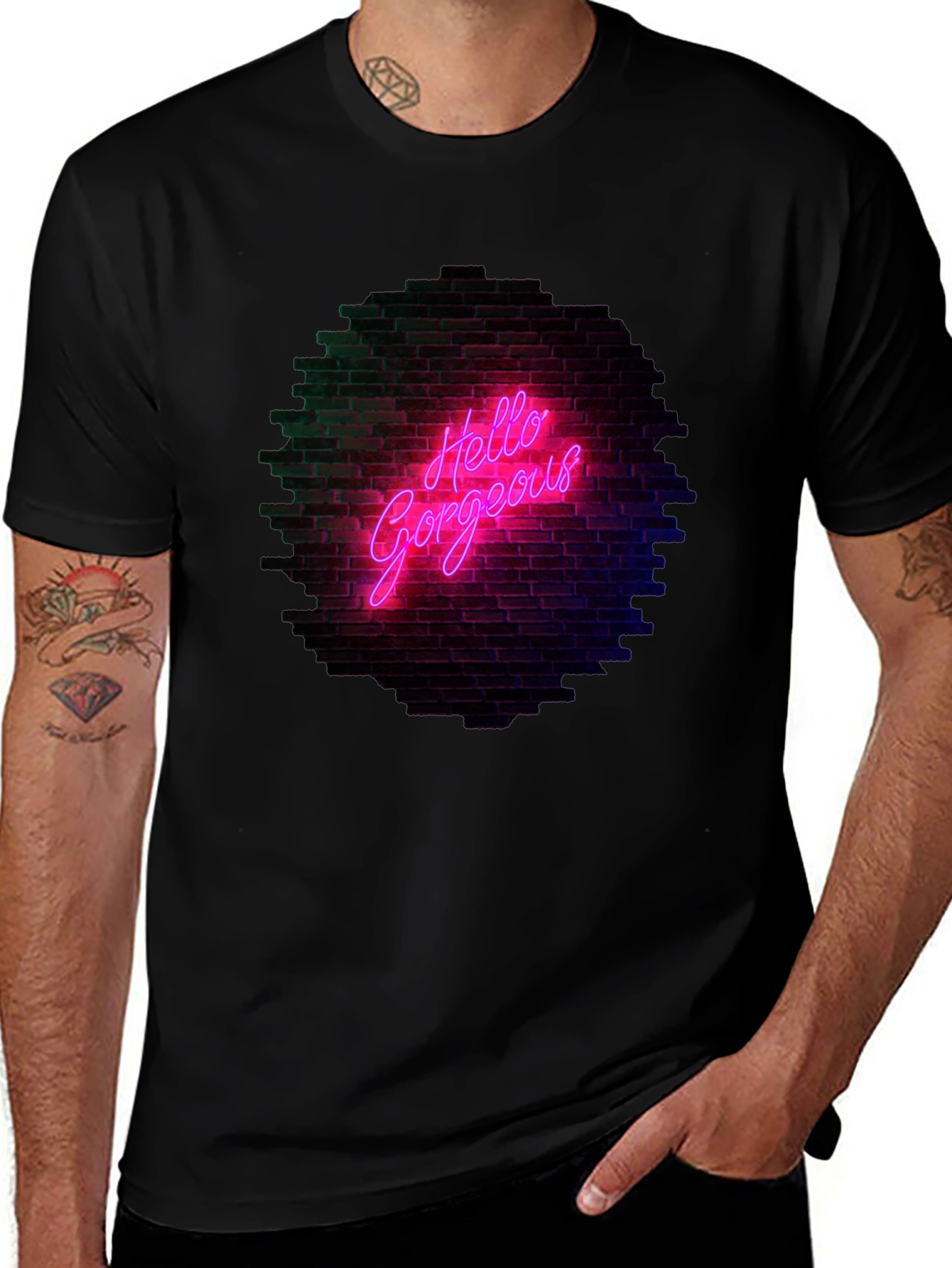Variant 13 of Hello Gorgeous Graphic Tee - Neon Brick Wall Design