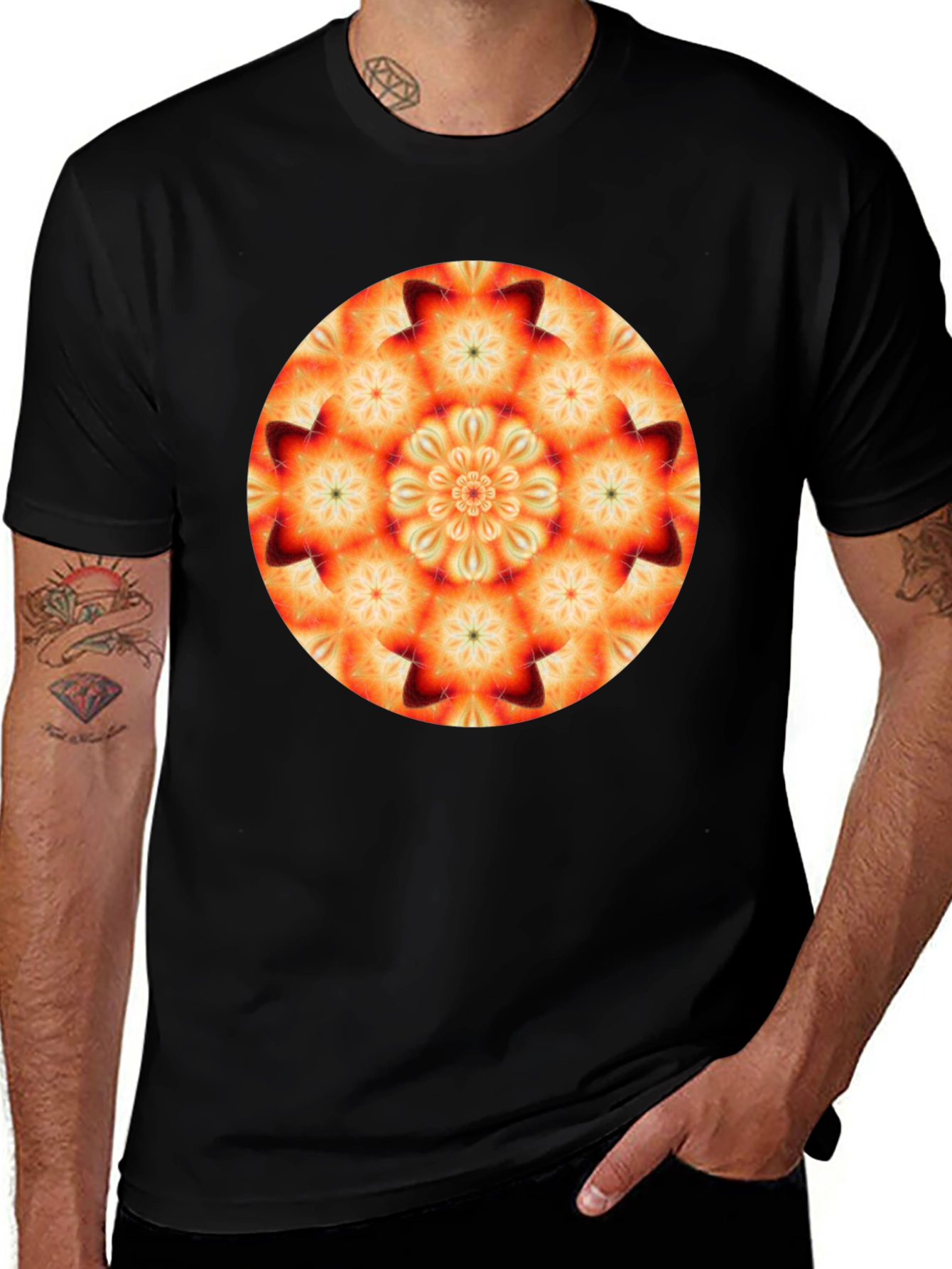 Variant 14 of Orange Mandala T-Shirt - Geometric Pattern Black Tee