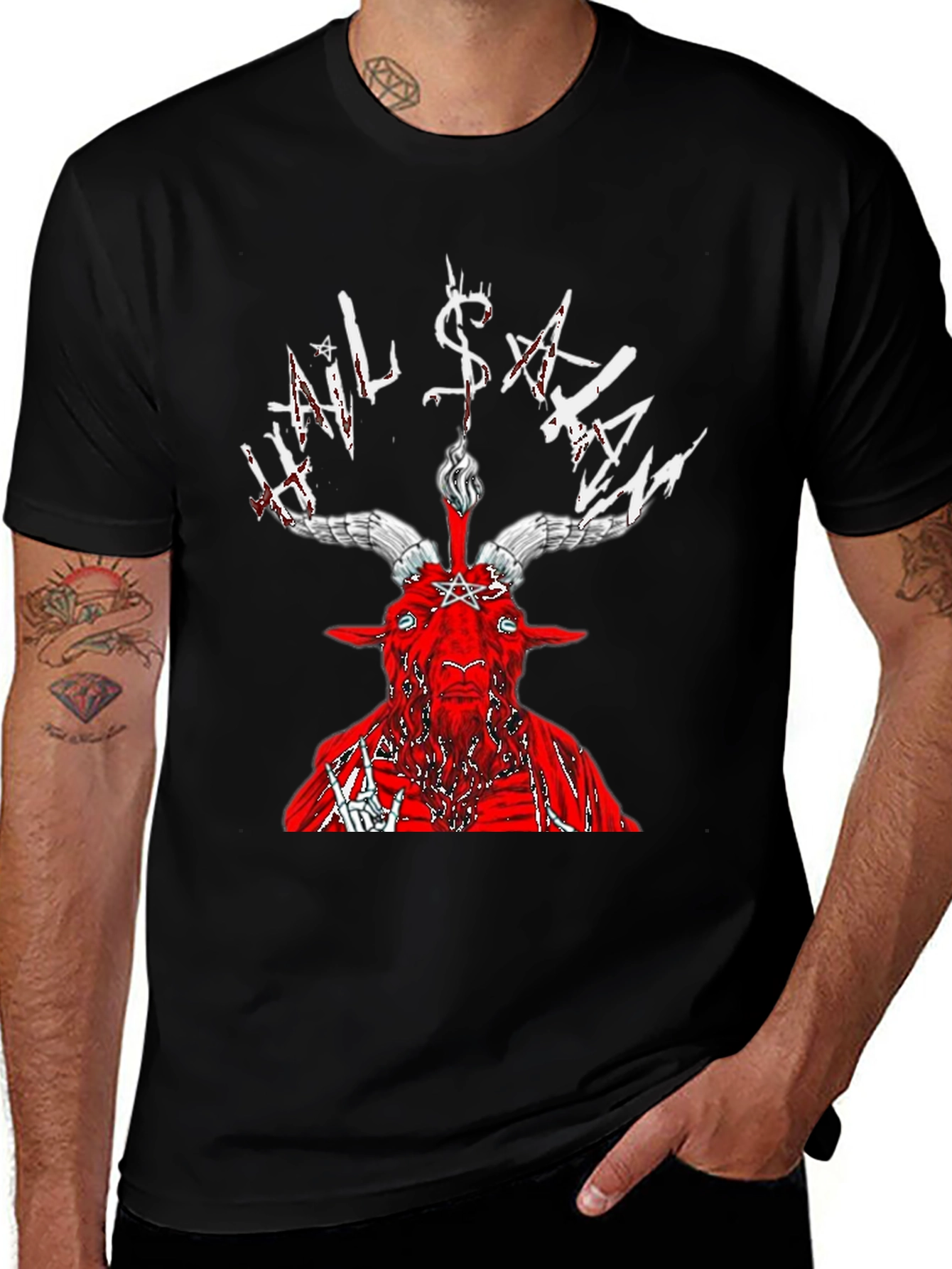 Variant 12 of Hail Satan Graphic Print T-Shirt - Black