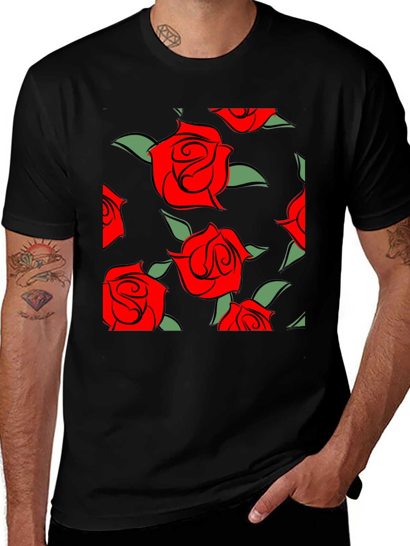 Variant 28 of Red Rose Pattern Black T-Shirt