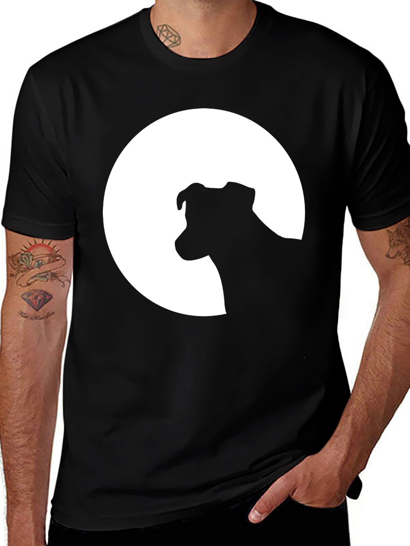 Variant 28 of Dog Silhouette Moon Graphic Tee - Black Unisex Shirt