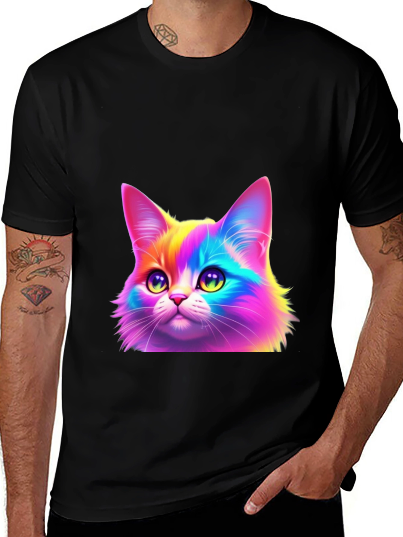 Variant 26 of Rainbow Cat Graphic Tee - Black Cotton Blend