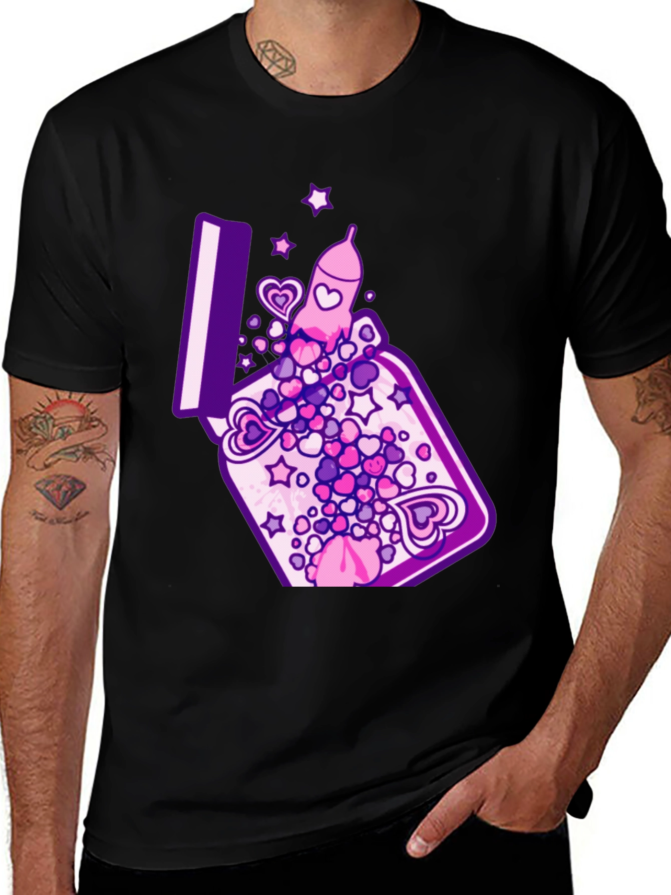 Variant 28 of Men's Black T-Shirt with Novelty Hearts Lighter Graphic