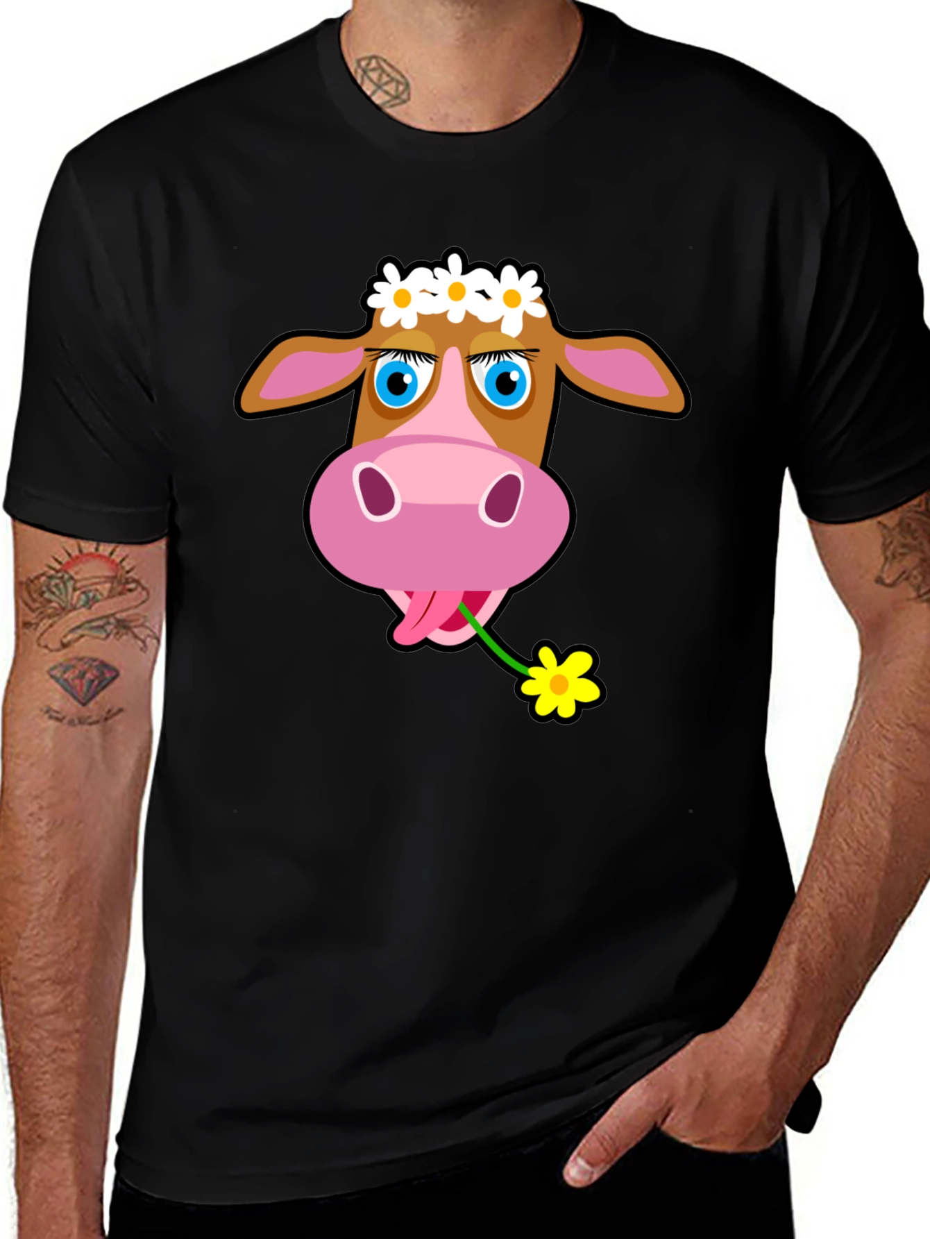 Variant 11 of Cow with Flower T-Shirt - Black