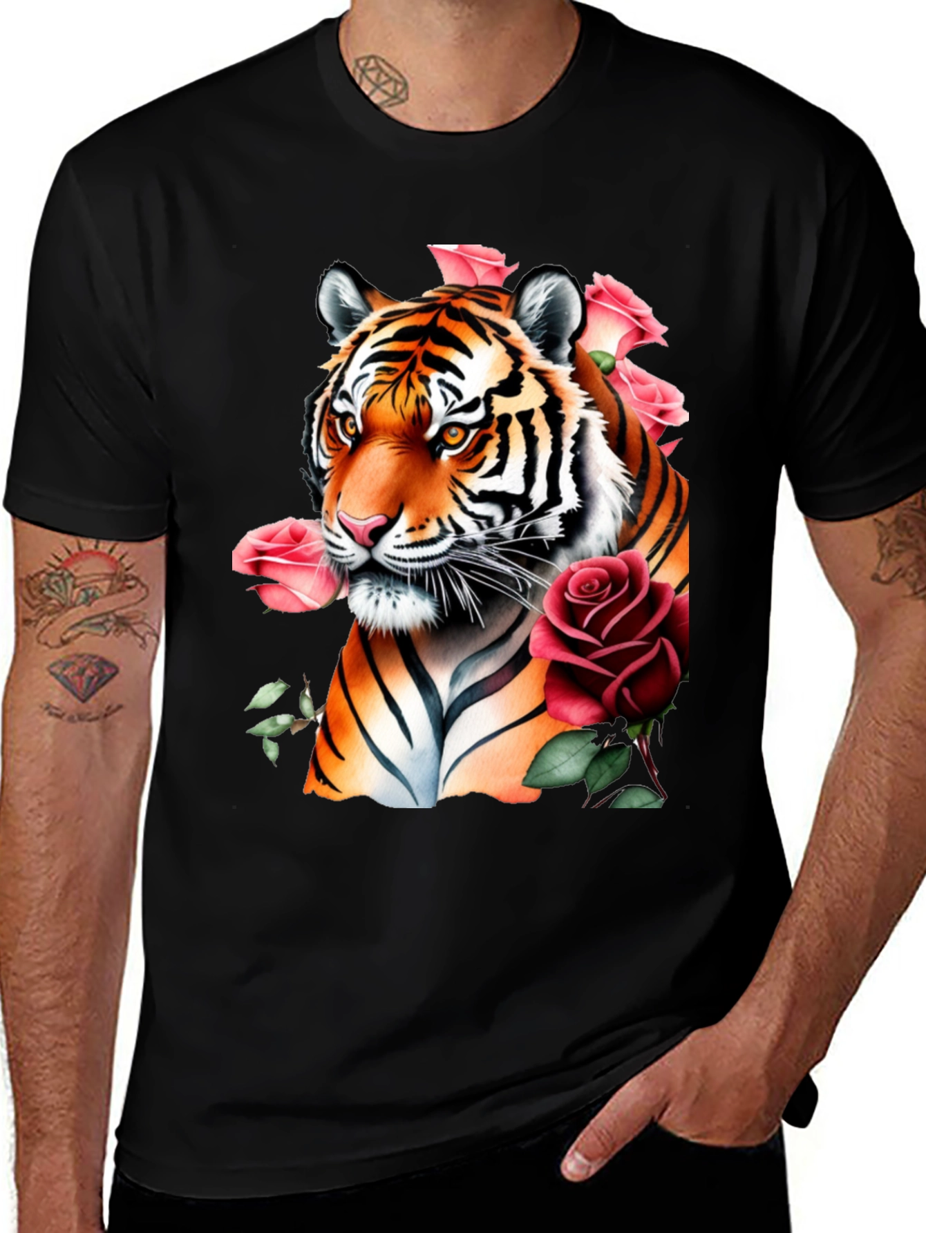 Variant 28 of Tiger & Roses Graphic Print Black T-Shirt