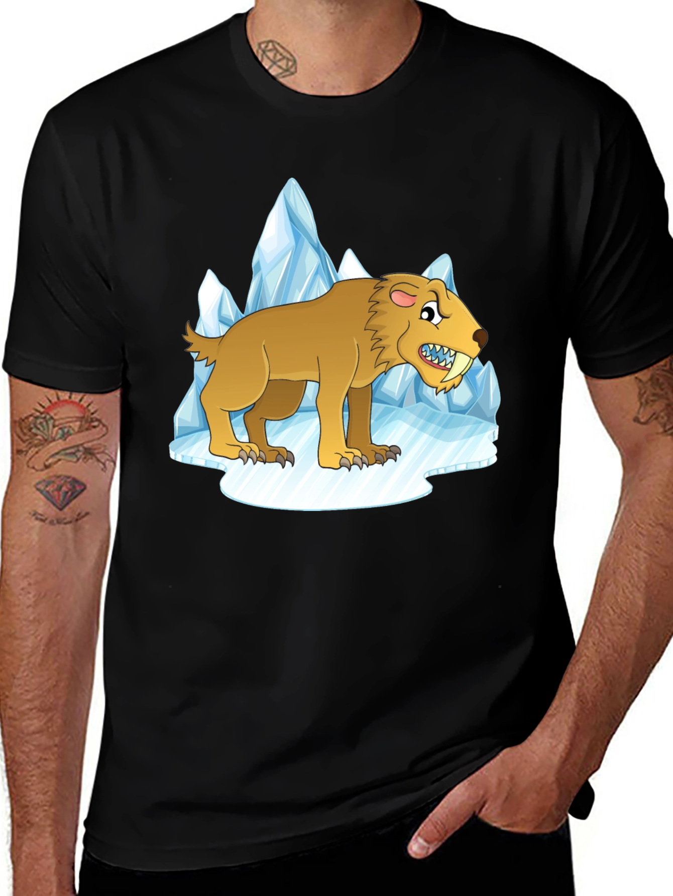 Variant 21 of Cartoon Saber-Toothed Tiger Graphic Tee - Black Cotton