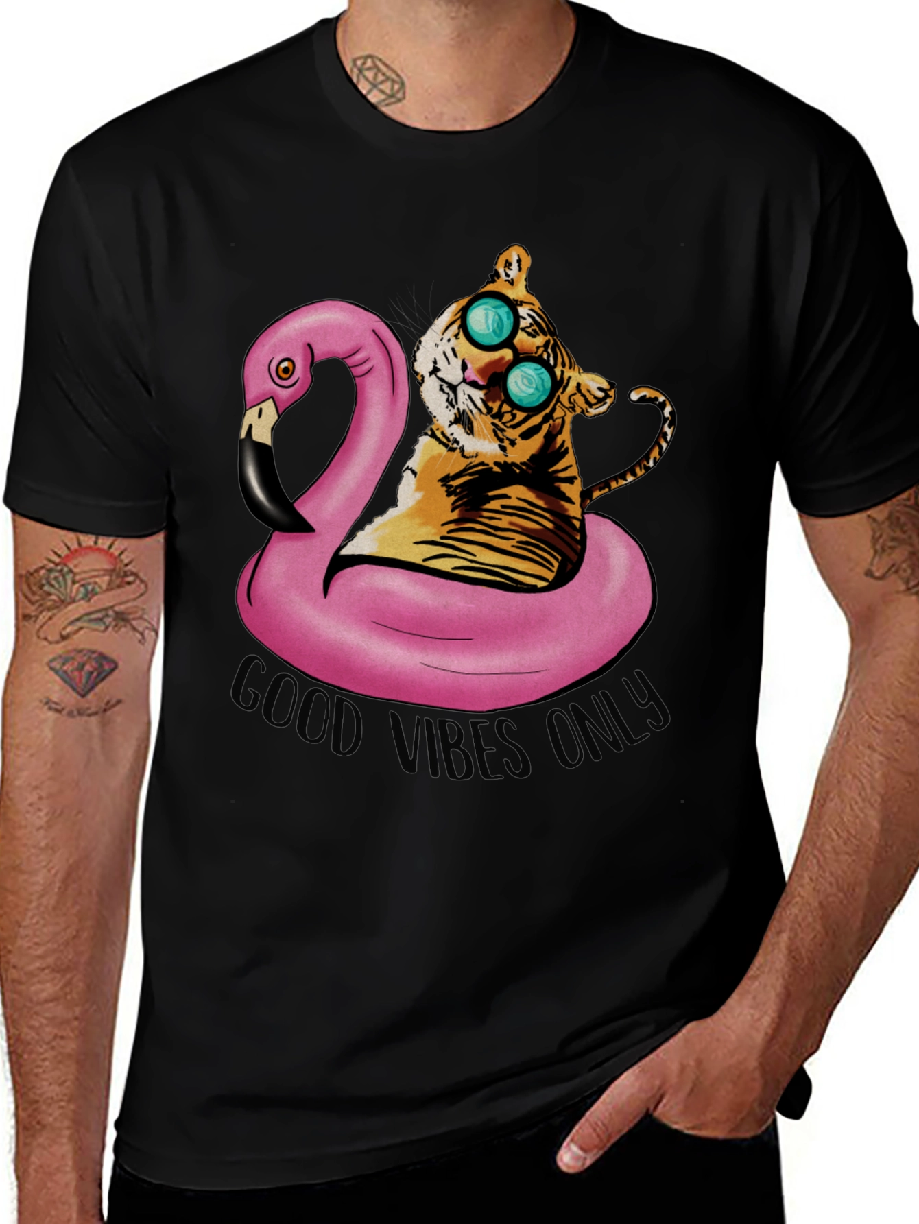 Variant 27 of Tiger on Flamingo Float T-Shirt - Good Vibes Only