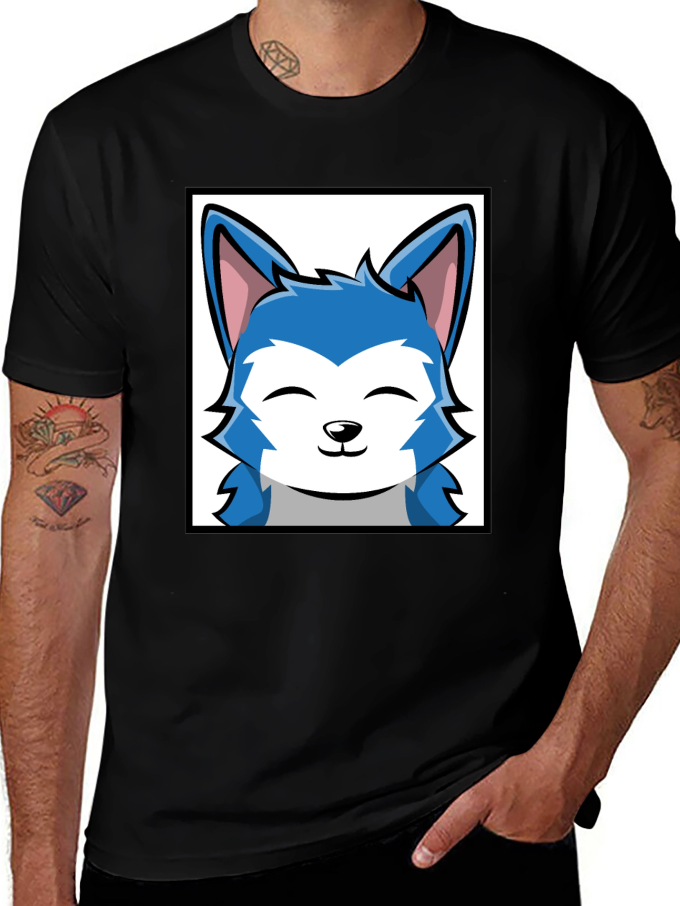 Variant 14 of Blue Fox Cartoon Graphic Black T-Shirt